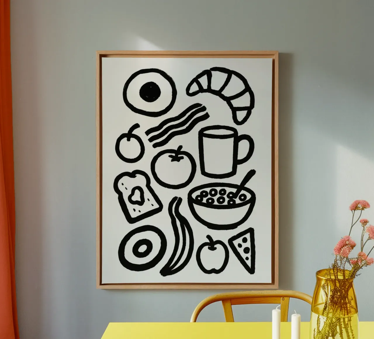 Ontbijt Penseelstreek zwart-wit geschilderd canvas met Baklijst van Katja Stehle Design