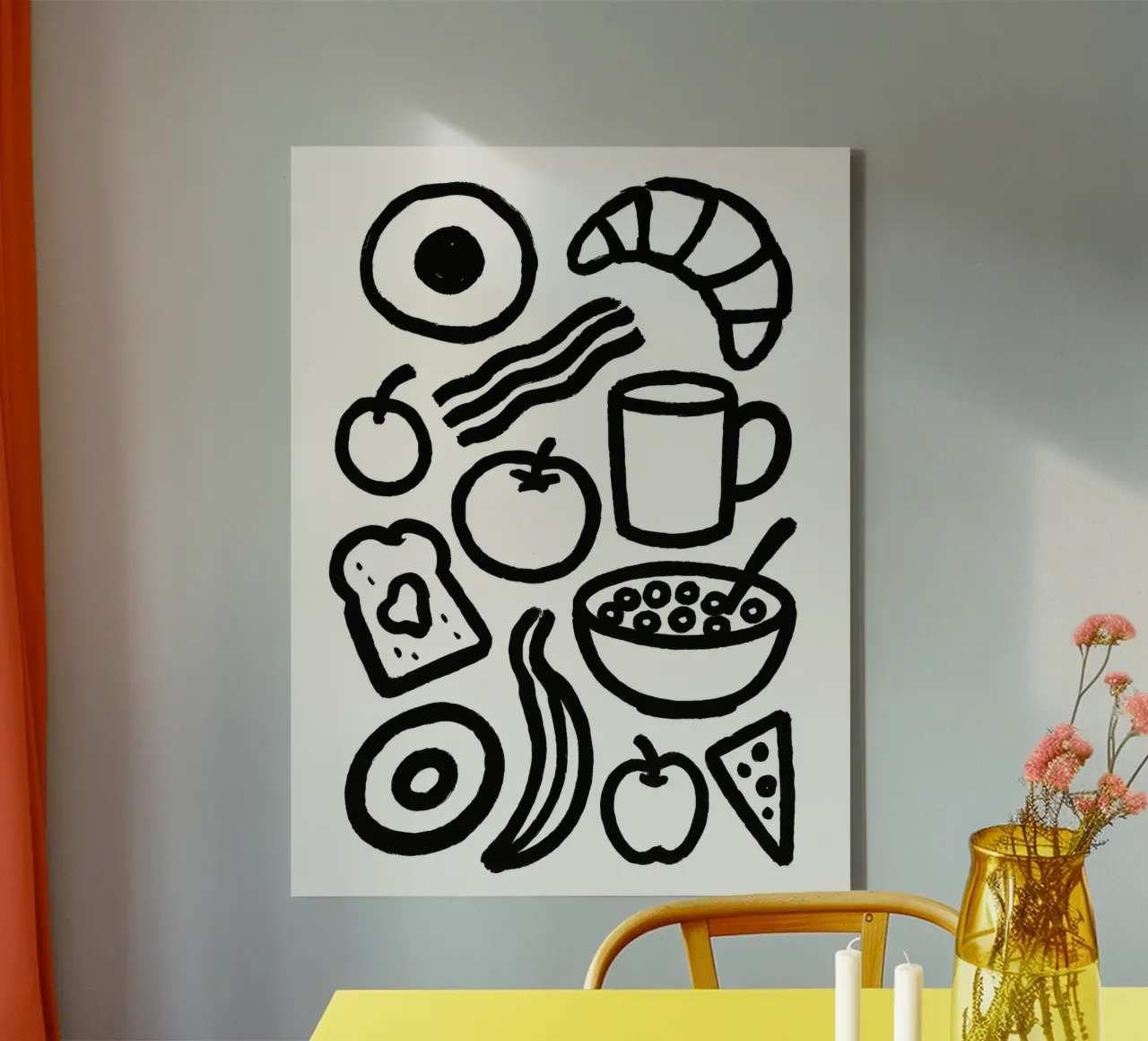 Ontbijt Penseelstreek zwart-wit geschilderd canvas met Baklijst van Katja Stehle Design
