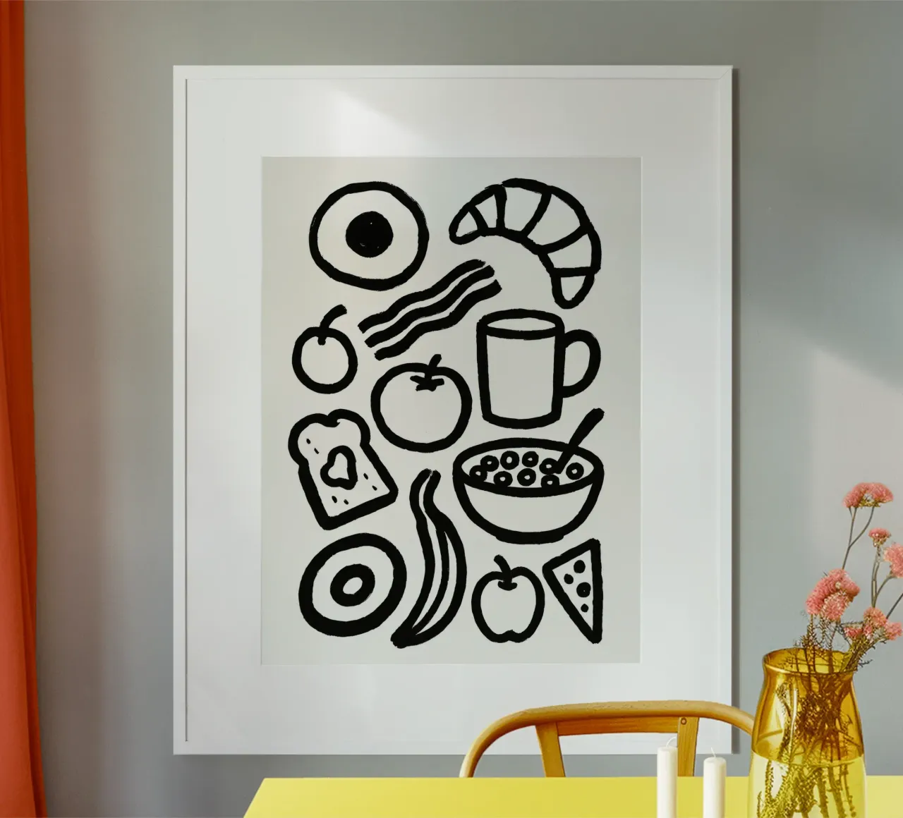 Colazione Pennellata dipinta in bianco e nero poster con telaio in alluminio da Katja Stehle Design