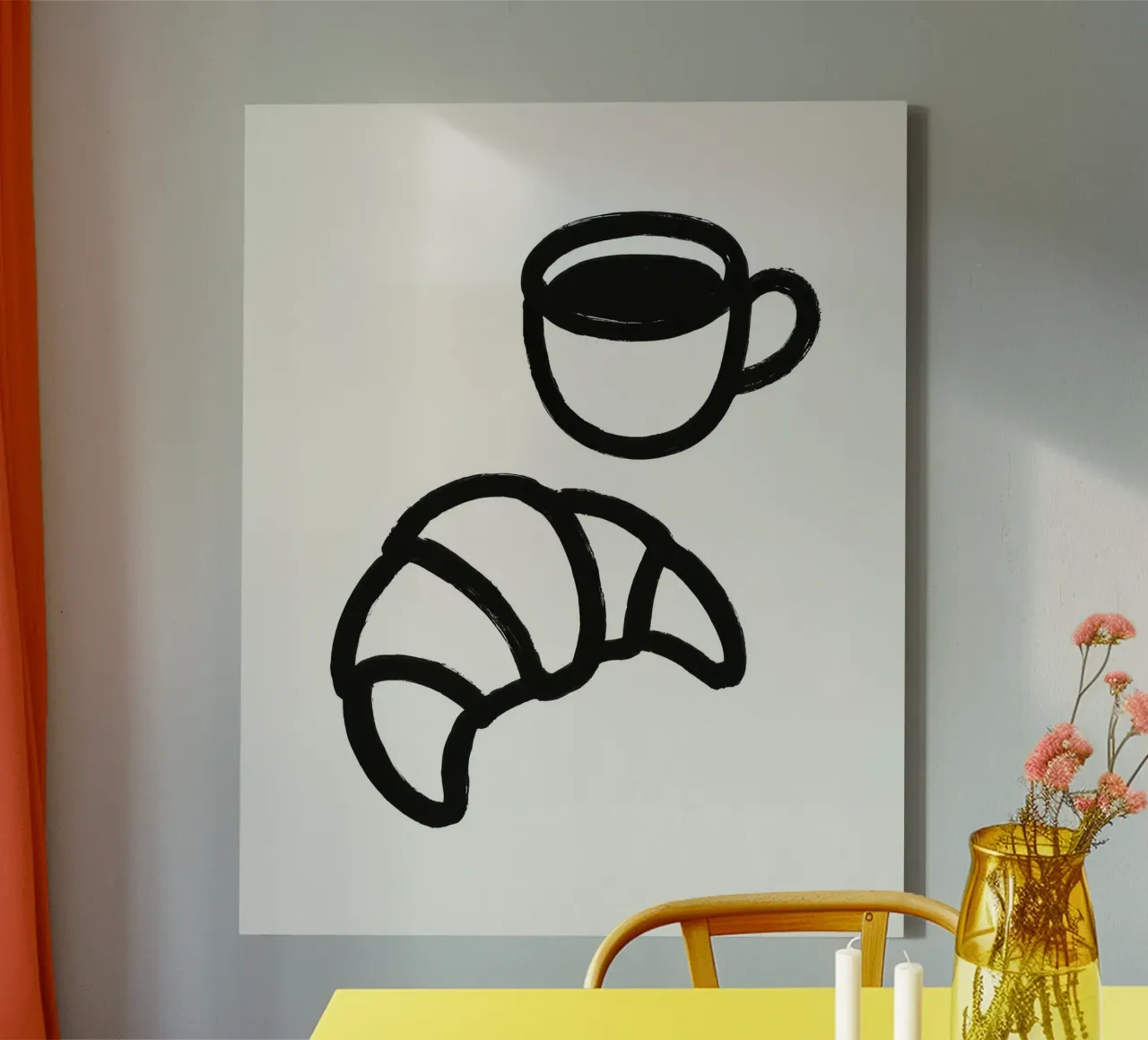Pennellata di caffè e croissant dipinta in bianco e nero tela con Cornice a cassetta da Katja Stehle Design