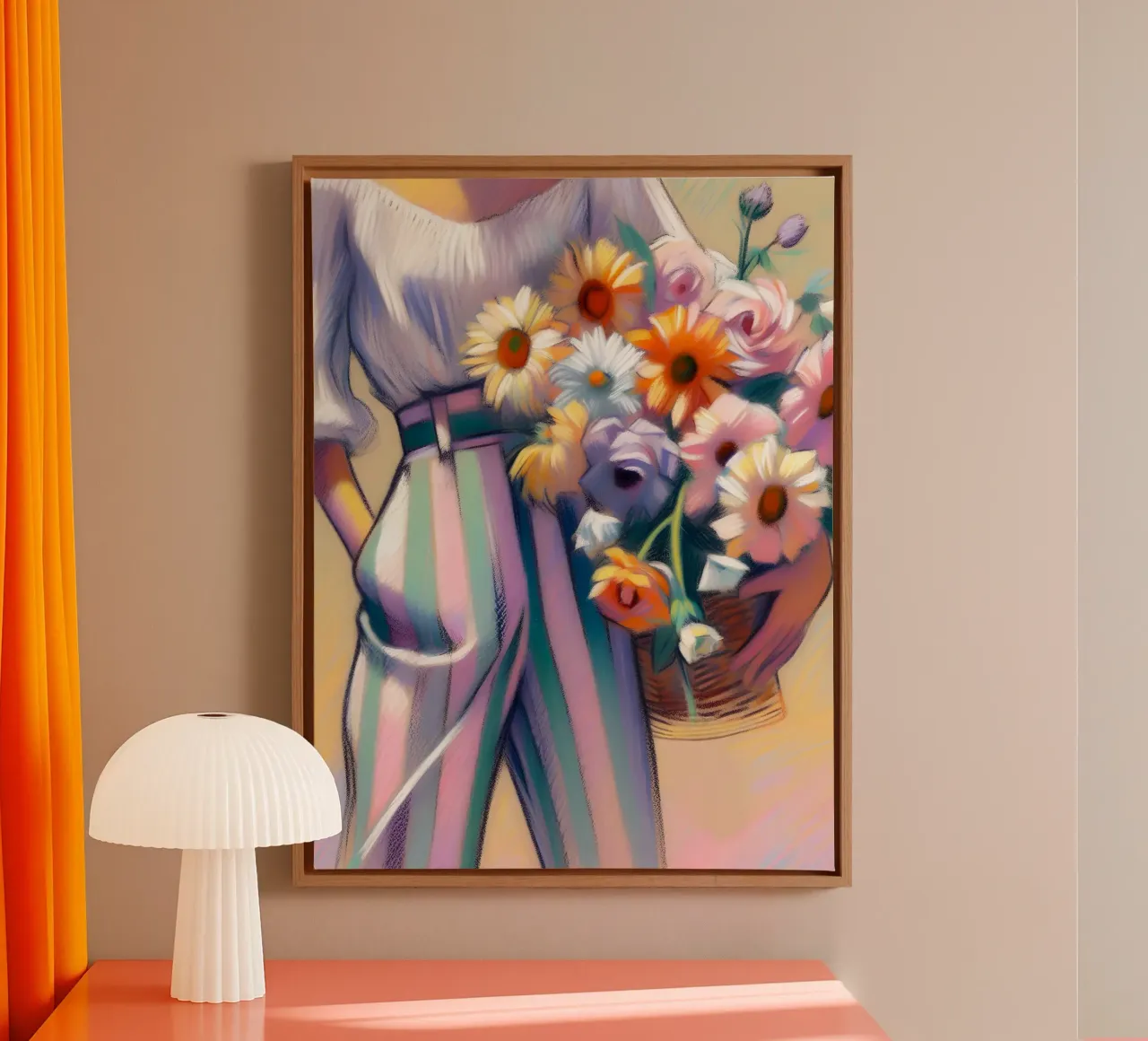 DONNA CON CESTO DI FIORI tela con Cornice a cassetta da ARTOMATIC