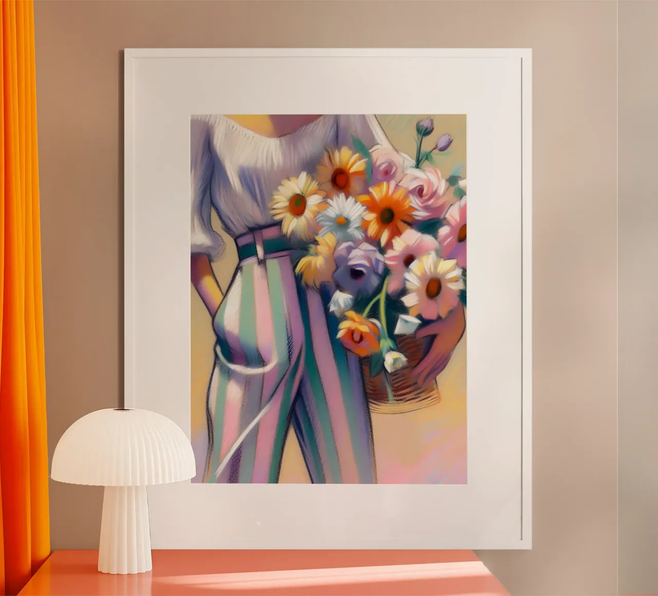 DONNA CON CESTO DI FIORI poster con telaio in plastica da ARTOMATIC