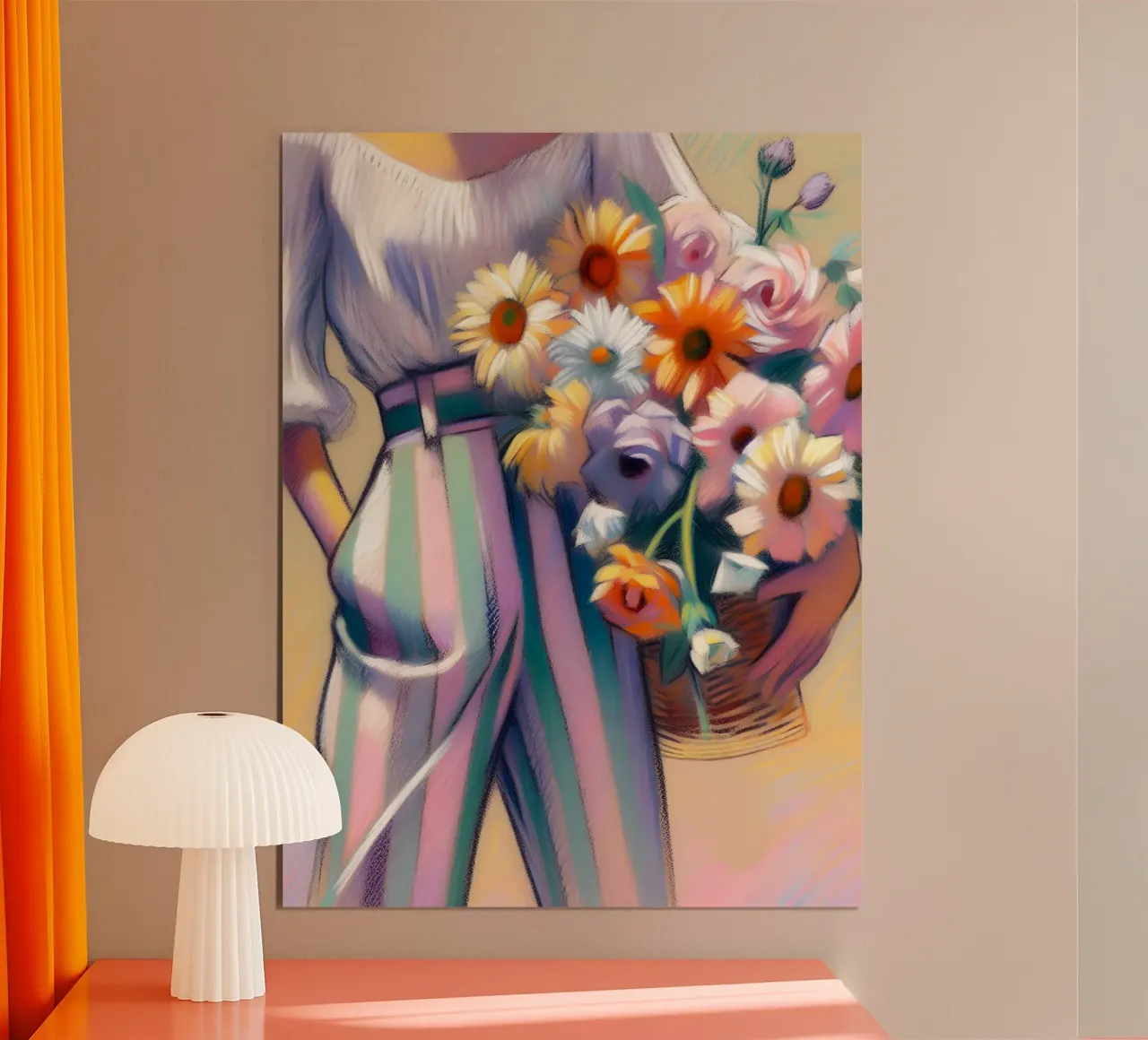 DONNA CON CESTO DI FIORI poster con telaio in plastica da ARTOMATIC
