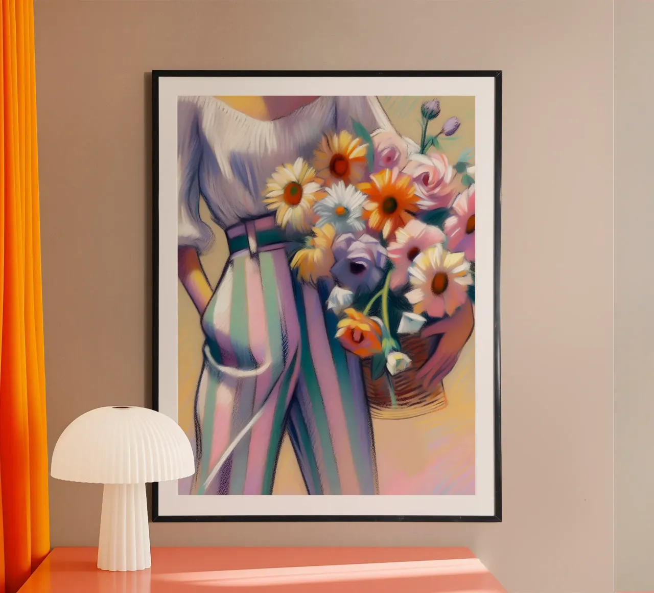 DONNA CON CESTO DI FIORI poster con telaio in plastica da ARTOMATIC