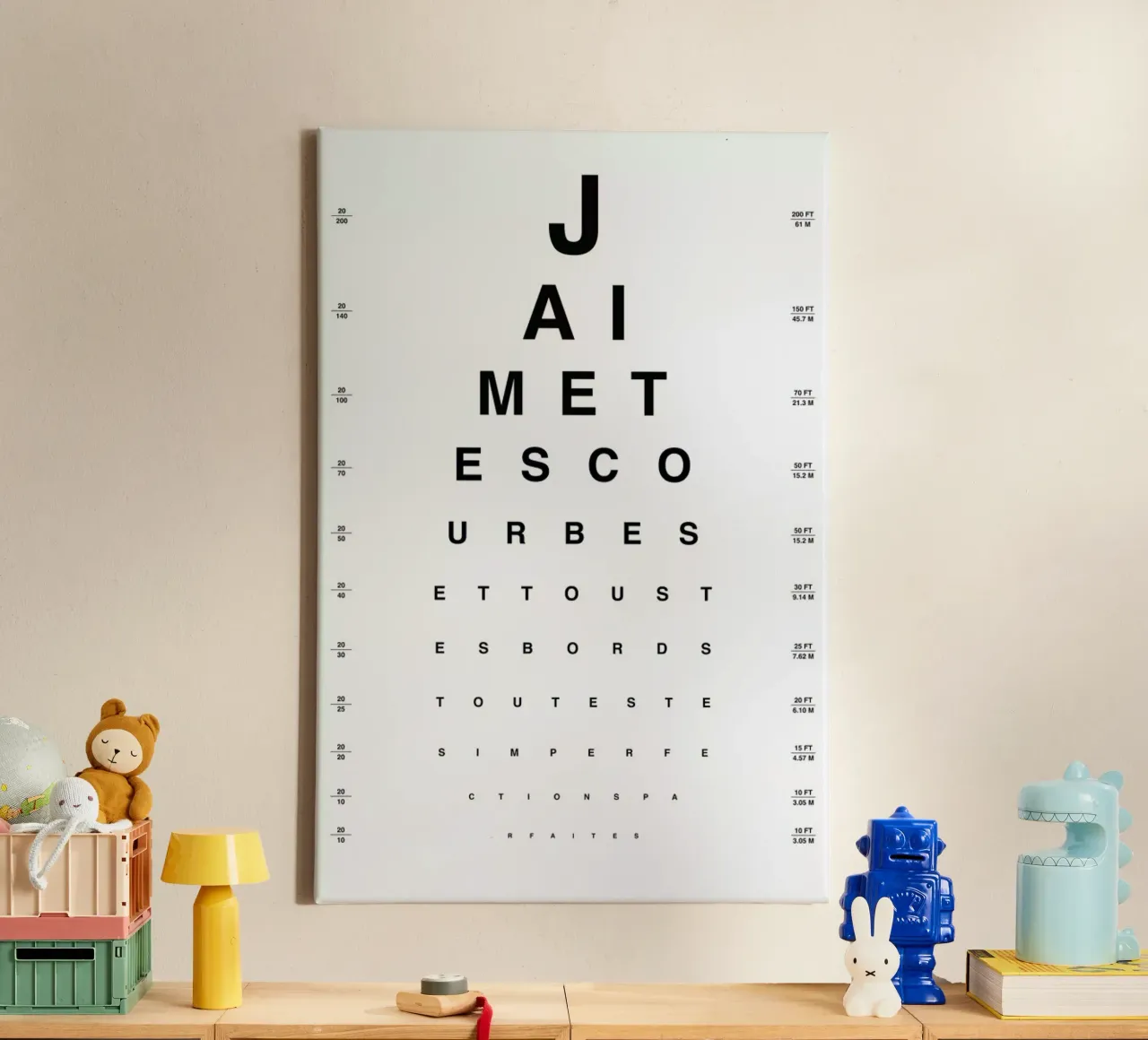 Eye Chart Je t'aime tela con Cornice a cassetta da daylight design studio