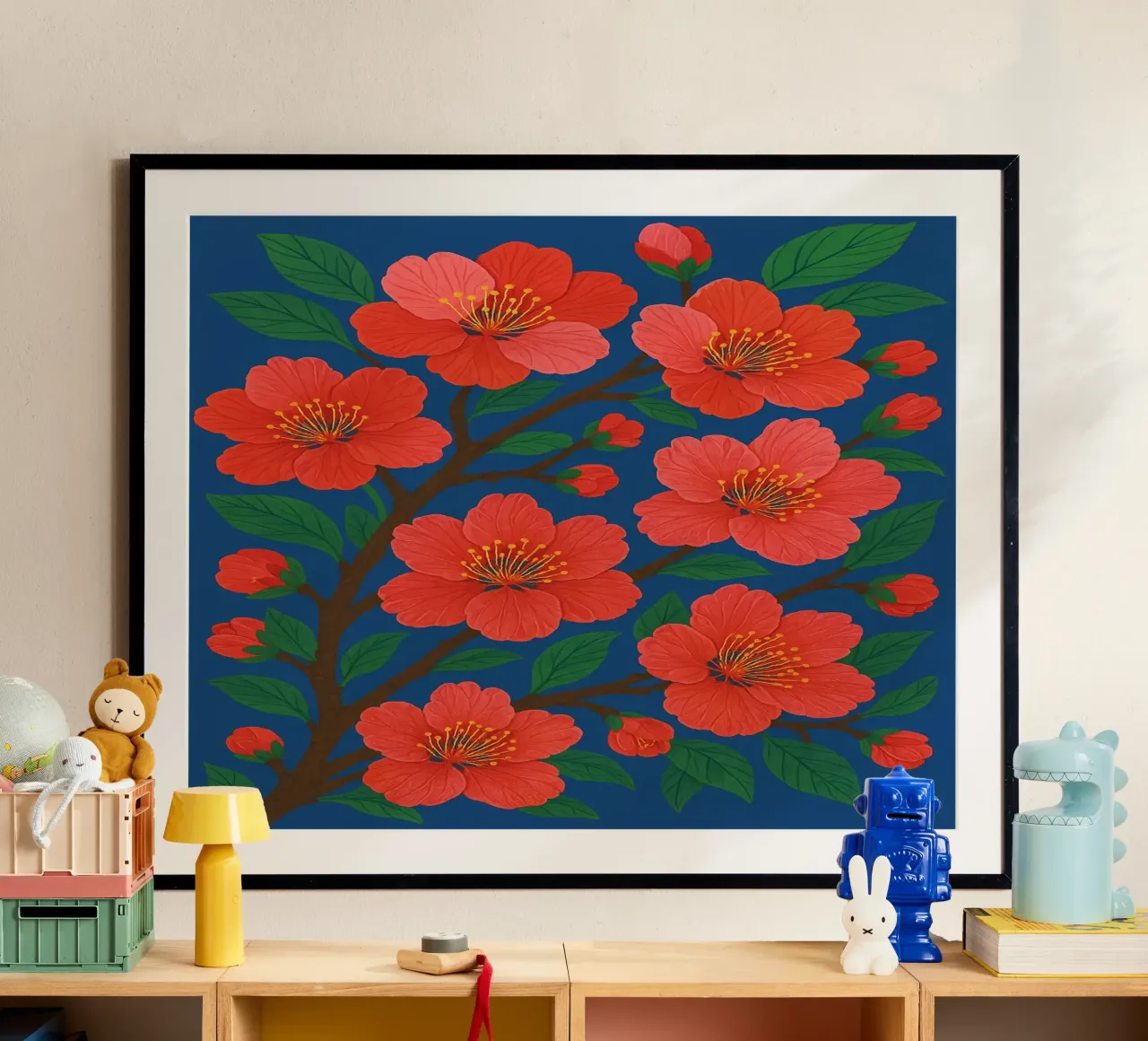 Arte da parete moderna giapponese con fiori di ciliegio - floreale botanico poster con telaio in alluminio da Aquarevo