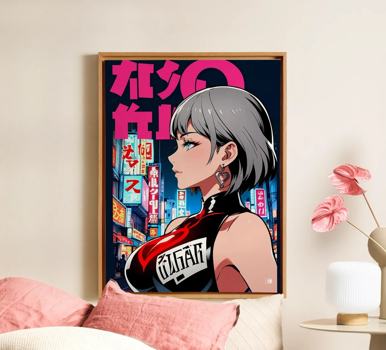 Neon Cyberpunk vrouw canvas met Baklijst van LM2KONE