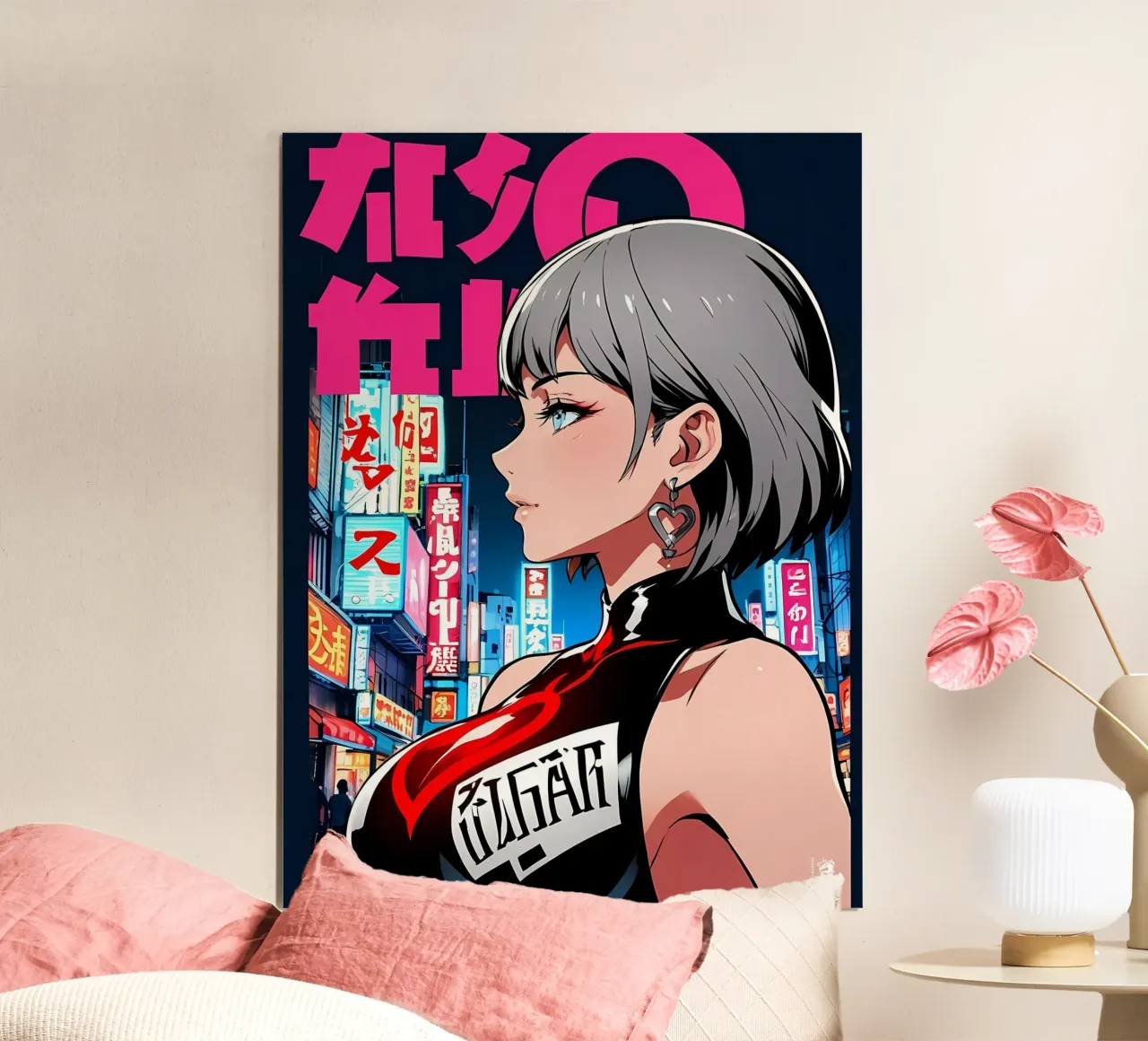Donna Cyberpunk al neon poster con telaio in legno da LM2KONE