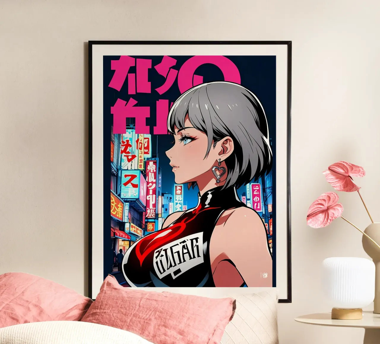 Donna Cyberpunk al neon poster con telaio in legno da LM2KONE
