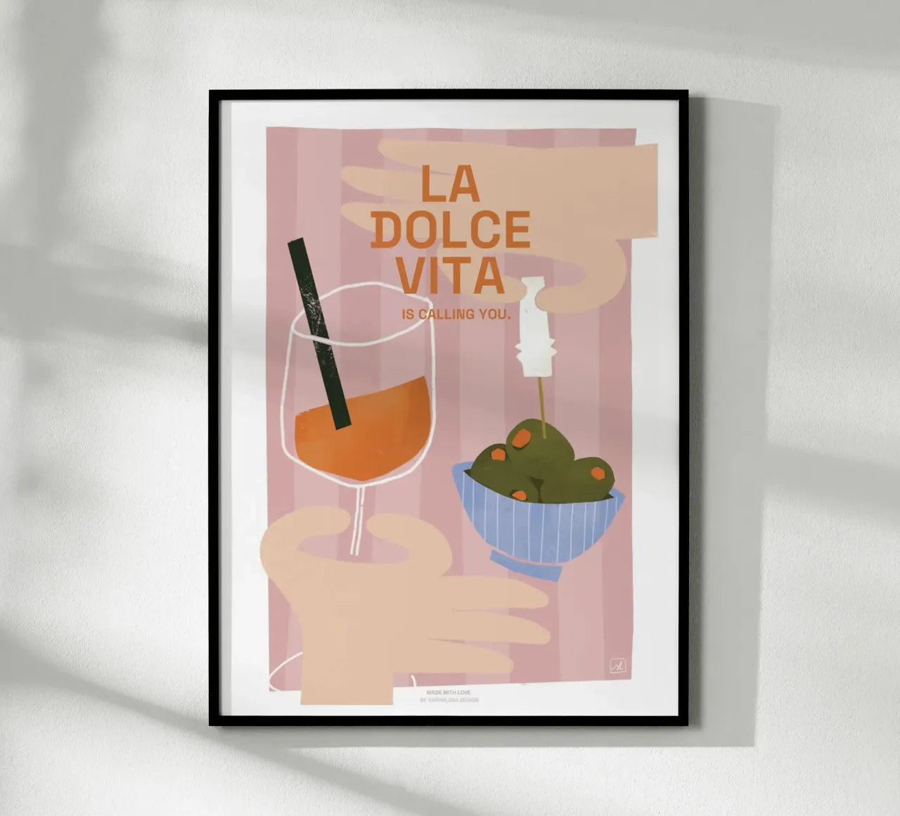 APEROL SPRITZ, OLIVES AND LA DOLCE VITA poster con telaio in plastica da sarahlenadesign