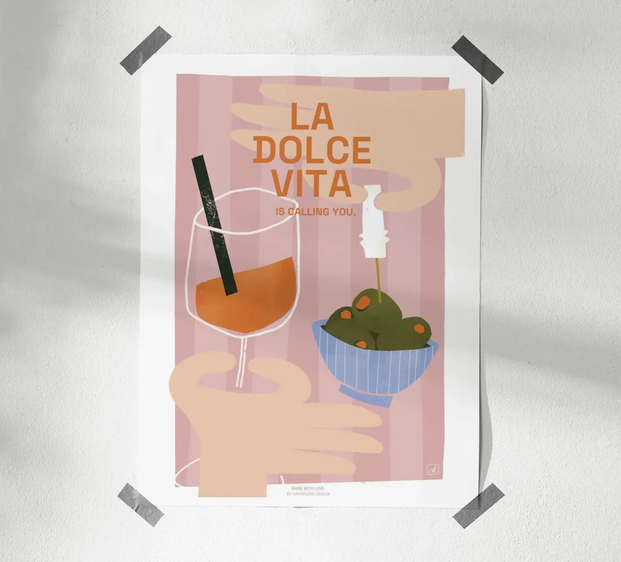 APEROL SPRITZ, OLIVES AND LA DOLCE VITA poster con telaio in plastica da sarahlenadesign