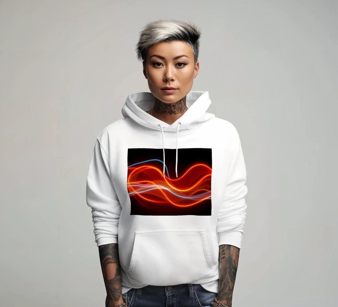 background with flowing light patterns creating a dynamic hoodie by DesignDoodle