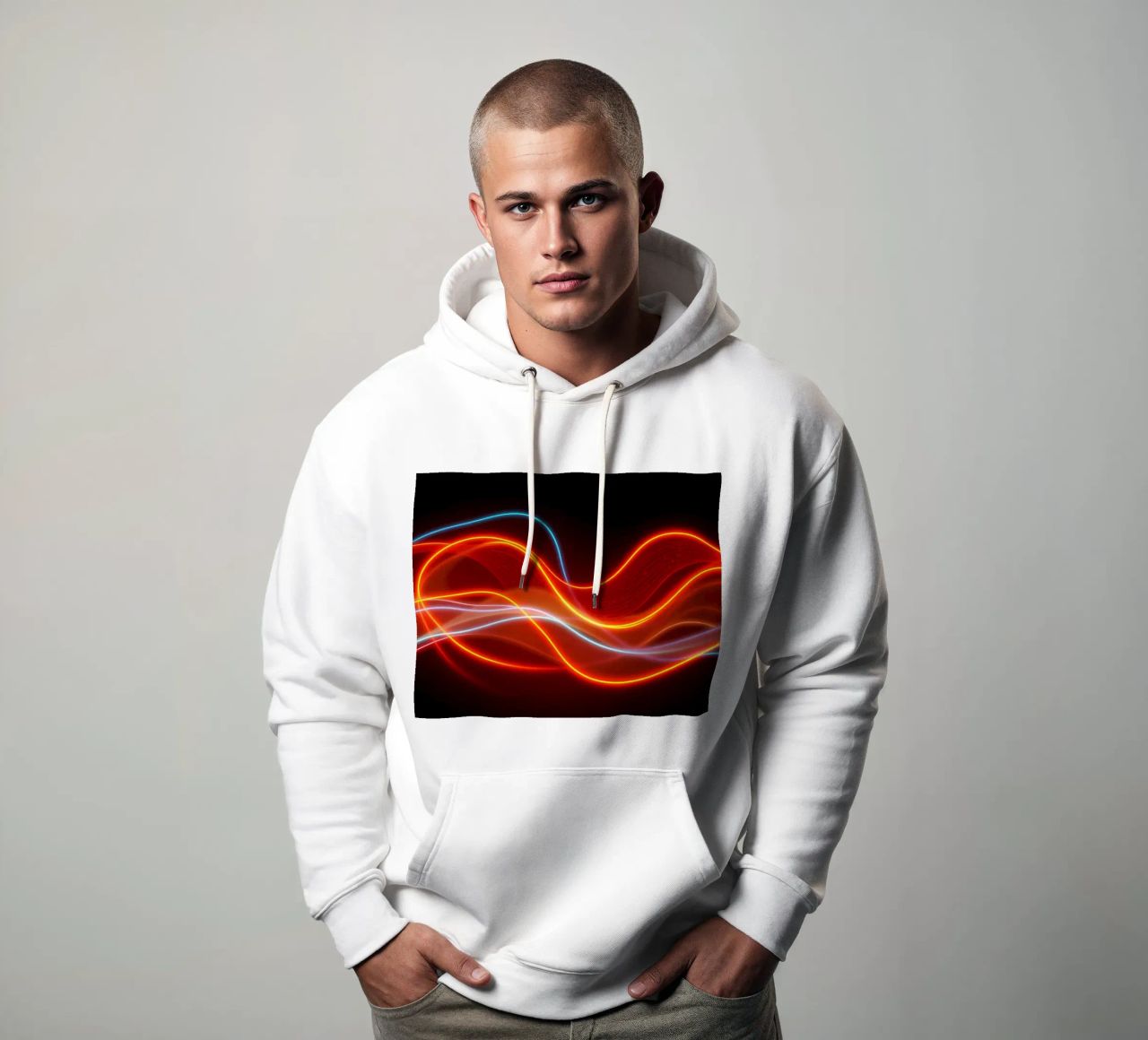 background with flowing light patterns creating a dynamic hoodie by DesignDoodle