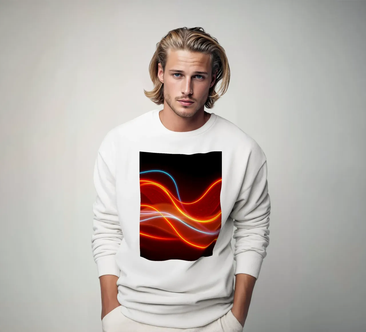 background with flowing light patterns creating a dynamic sweatshirt by DesignDoodle