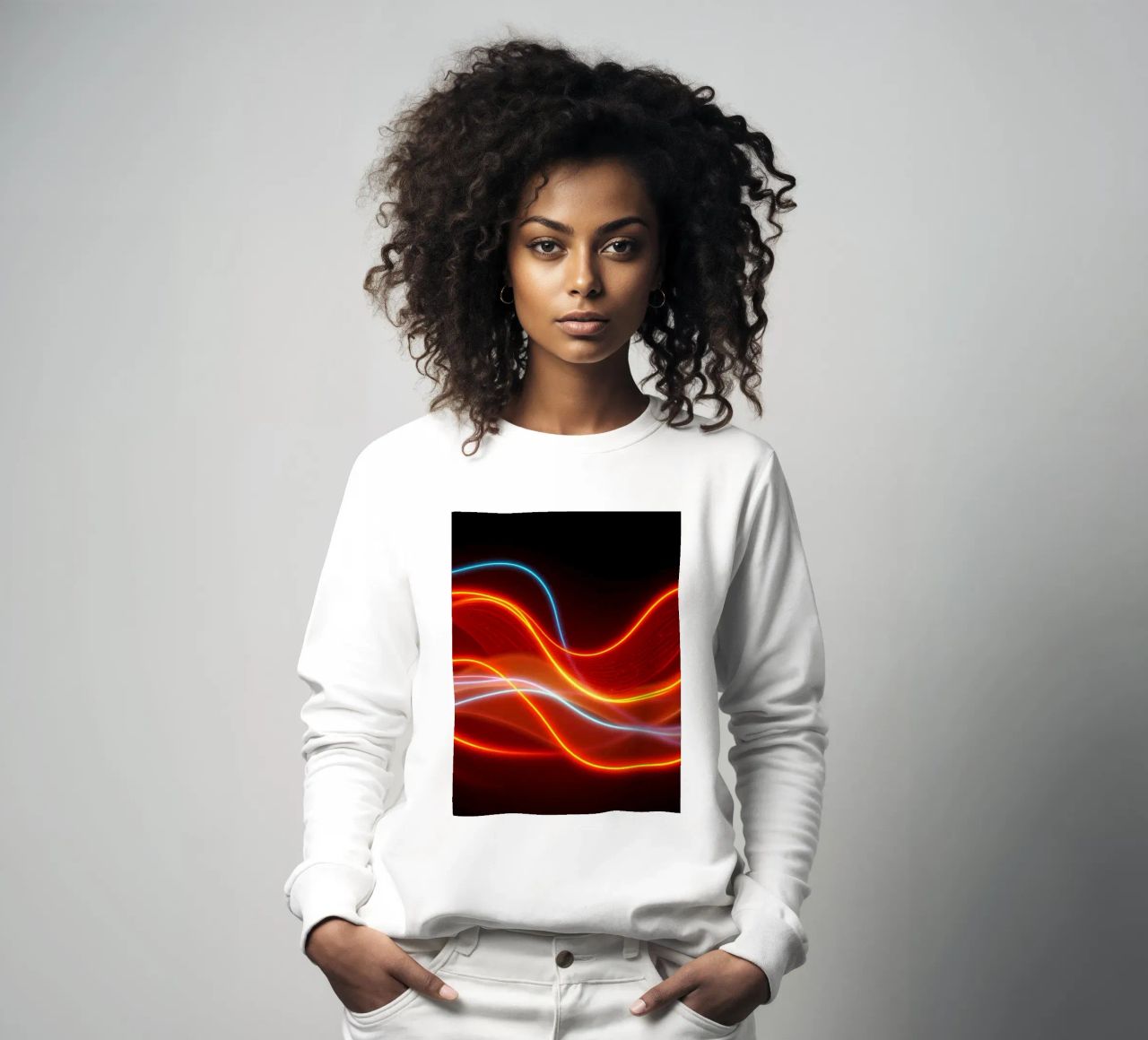 background with flowing light patterns creating a dynamic sweatshirt by DesignDoodle