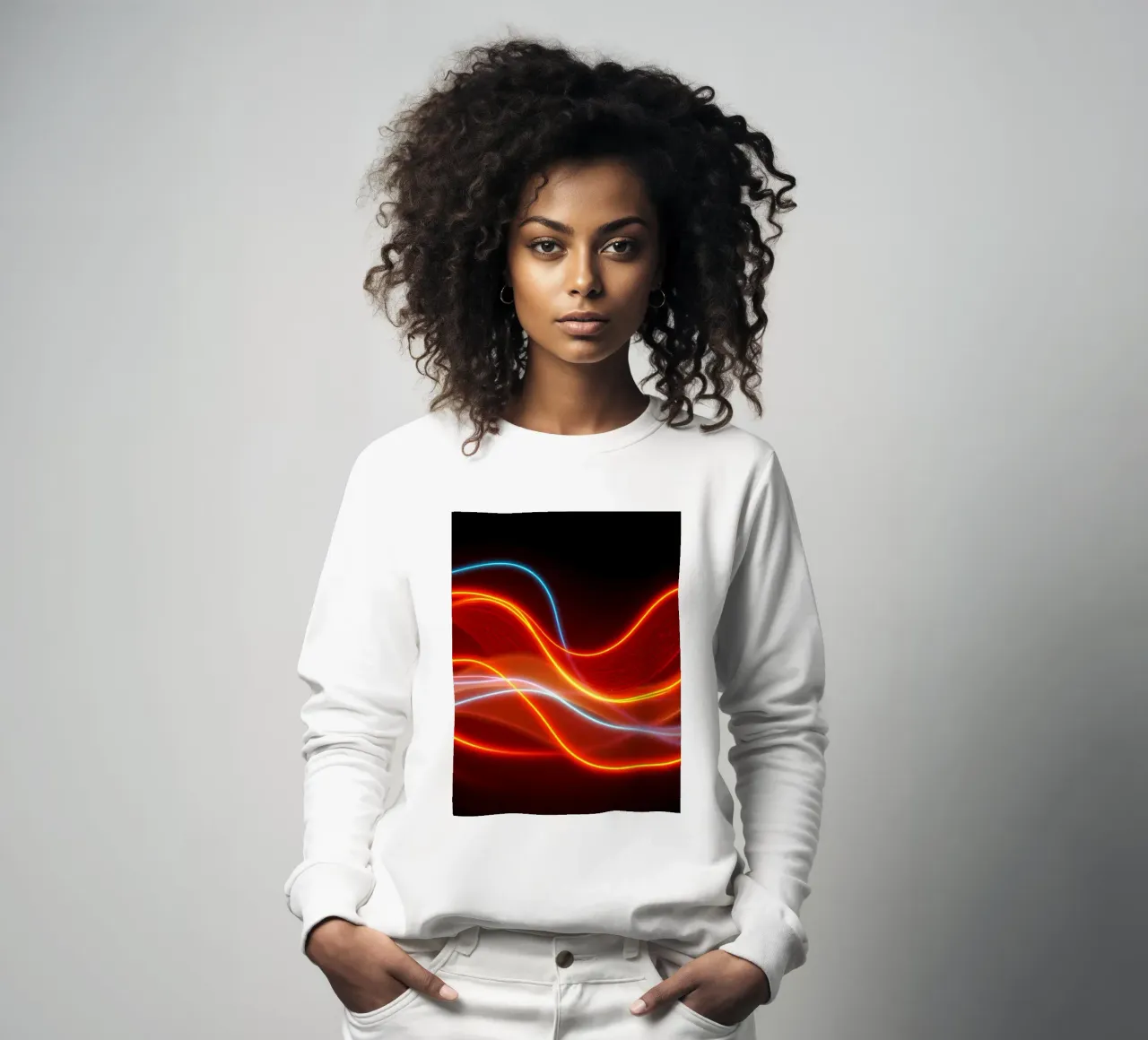 background with flowing light patterns creating a dynamic sweatshirt by DesignDoodle