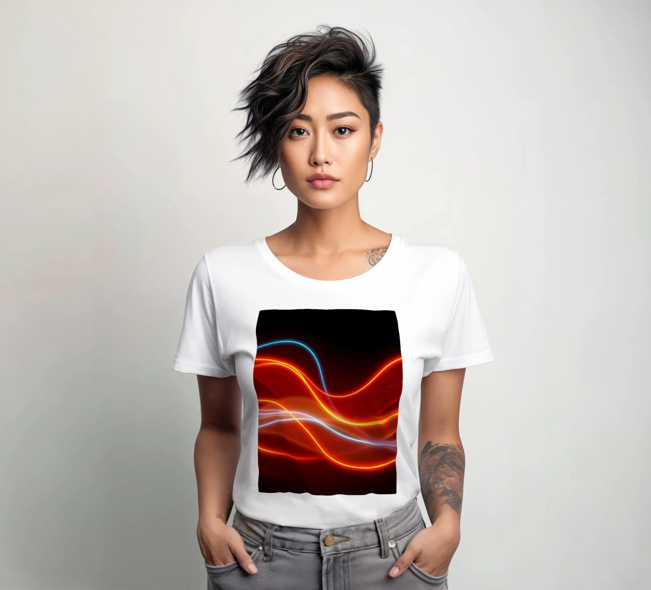 background with flowing light patterns creating a dynamic women's fitted t-shirt by DesignDoodle