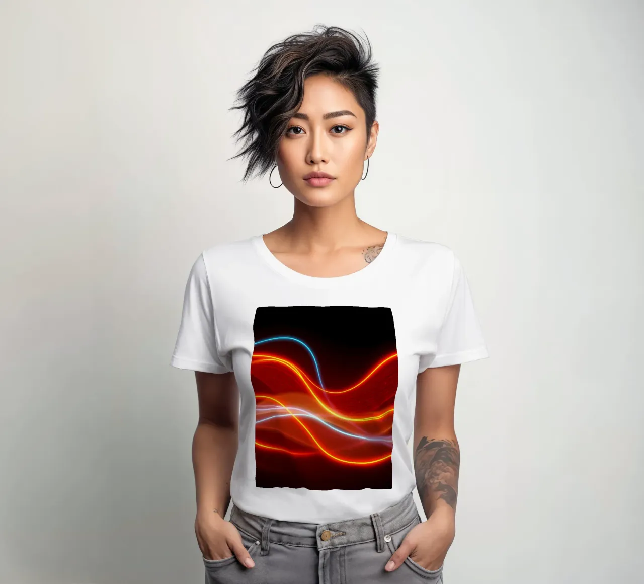 Hintergrund mit fließenden Lichtmustern, die eine dynamische Frauen T-Shirt von DesignDoodle