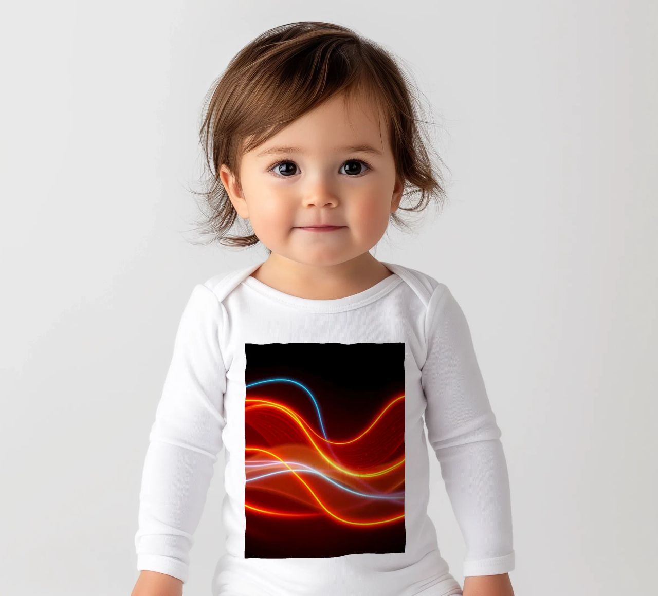 background with flowing light patterns creating a dynamic long-sleeve baby romper by DesignDoodle