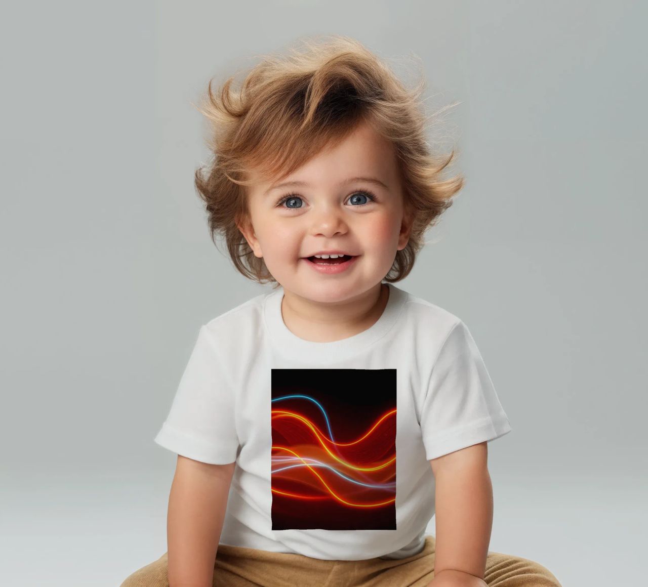 background with flowing light patterns creating a dynamic baby t-shirt by DesignDoodle