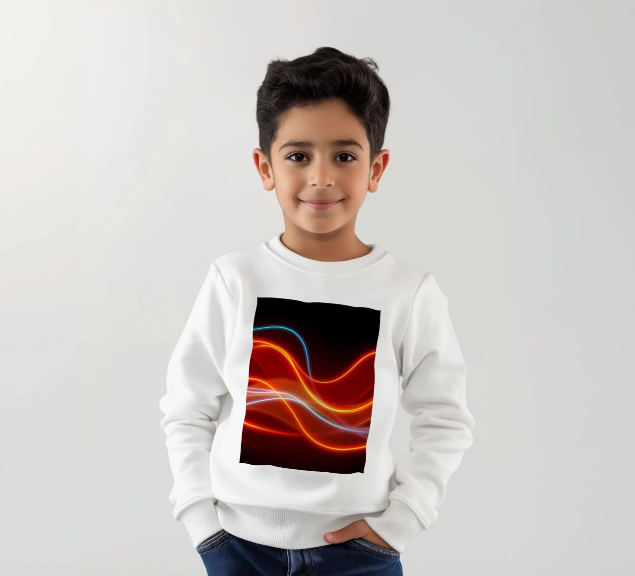 background with flowing light patterns creating a dynamic kids sweatshirt by DesignDoodle
