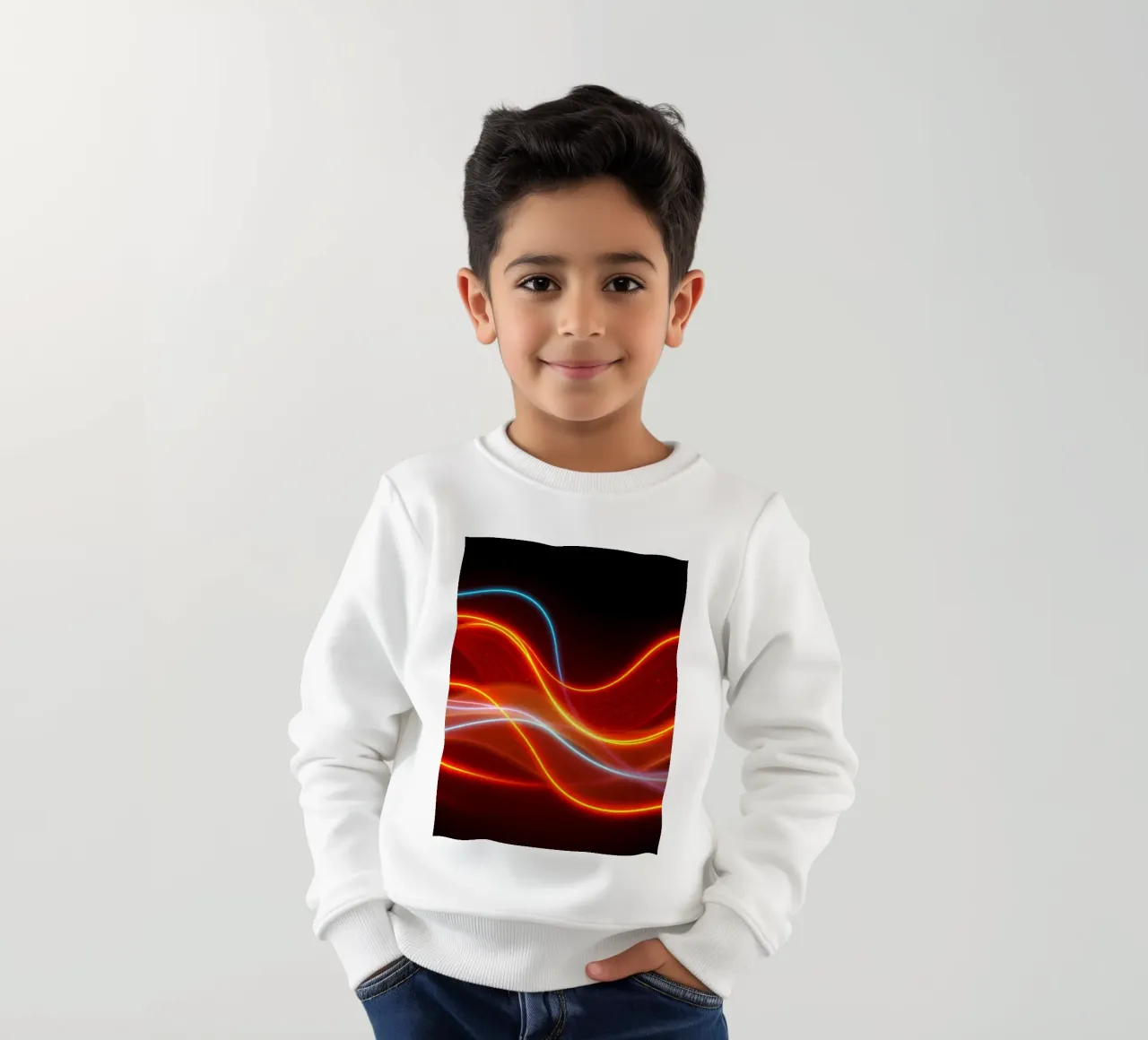 background with flowing light patterns creating a dynamic kids sweatshirt by DesignDoodle