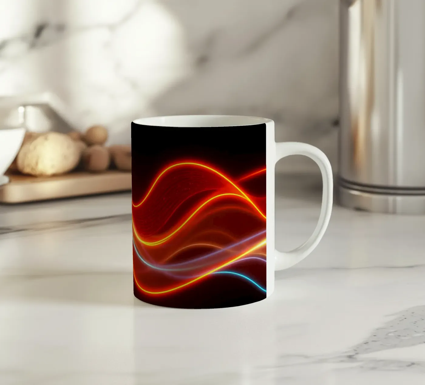 achtergrond met vloeiende lichtpatronen die een dynamisch keramische mok van DesignDoodle