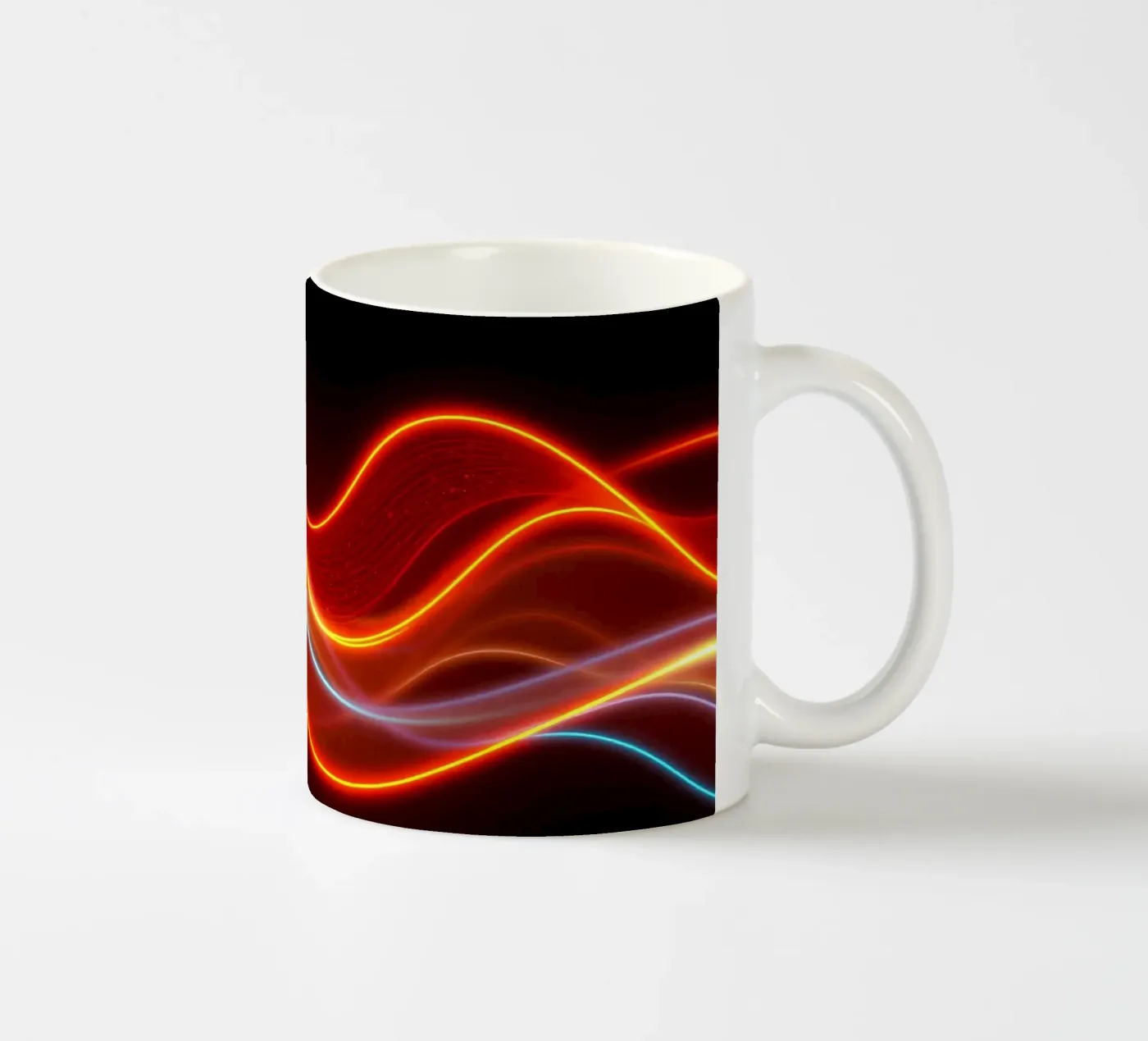 achtergrond met vloeiende lichtpatronen die een dynamisch keramische mok van DesignDoodle