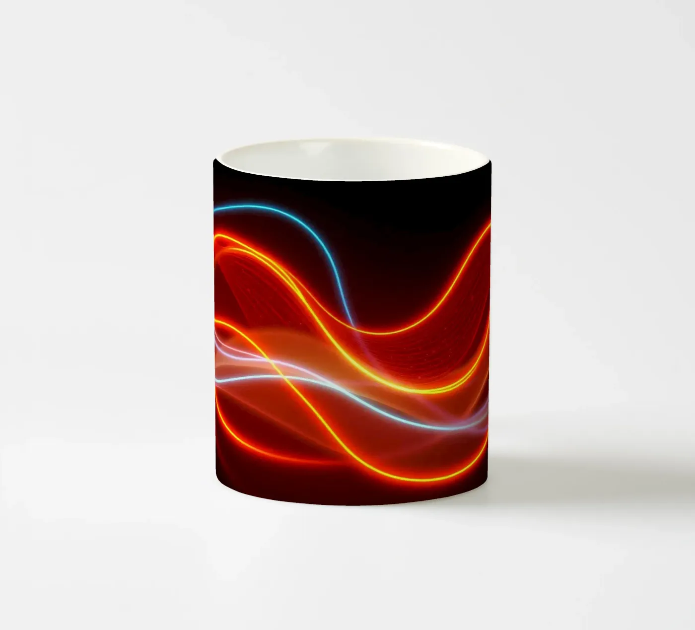 achtergrond met vloeiende lichtpatronen die een dynamisch keramische mok van DesignDoodle