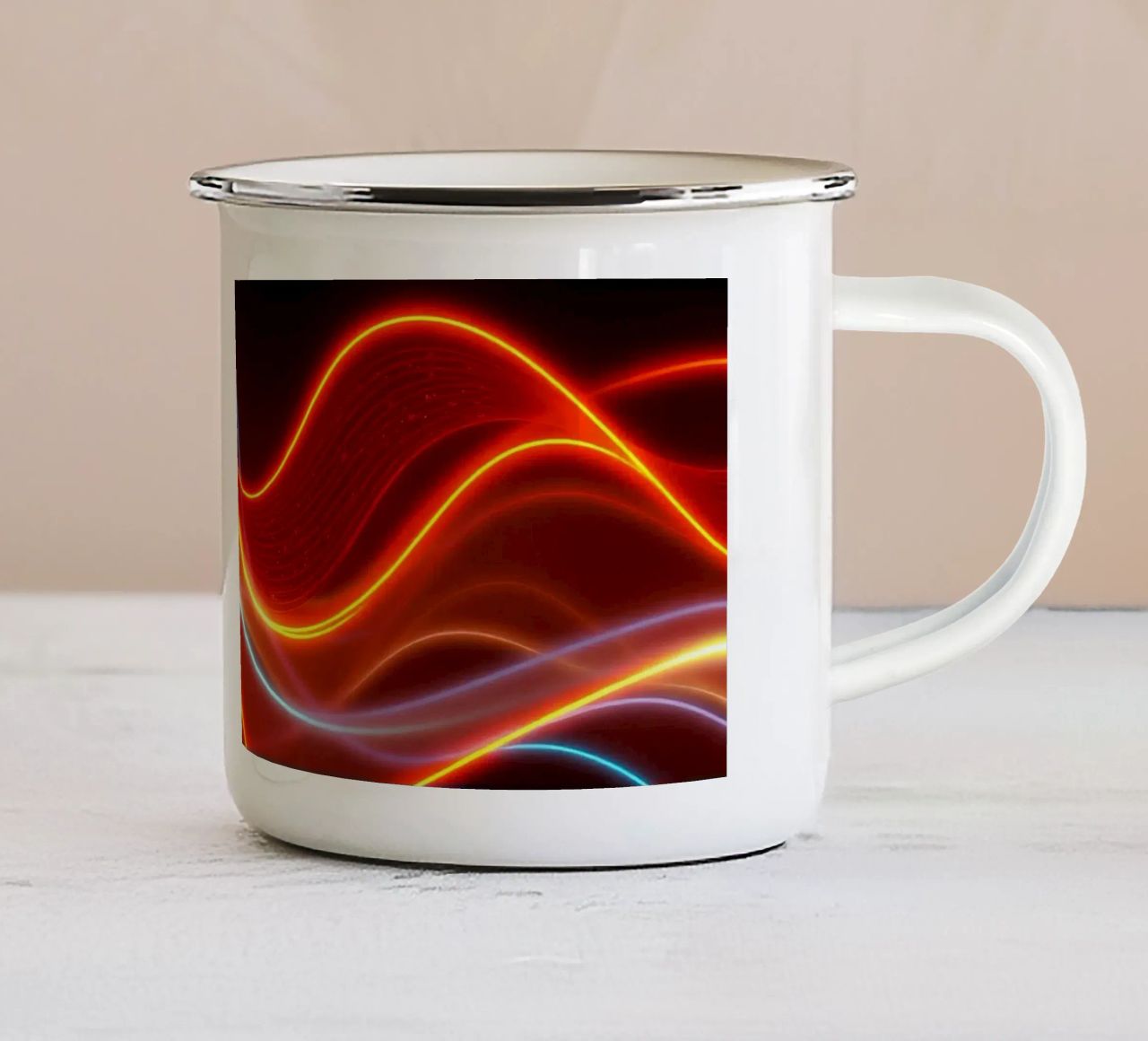 background with flowing light patterns creating a dynamic enamel mug by DesignDoodle