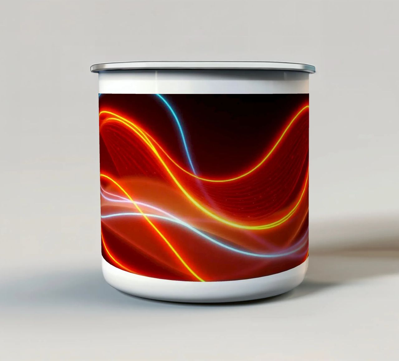 background with flowing light patterns creating a dynamic enamel mug by DesignDoodle