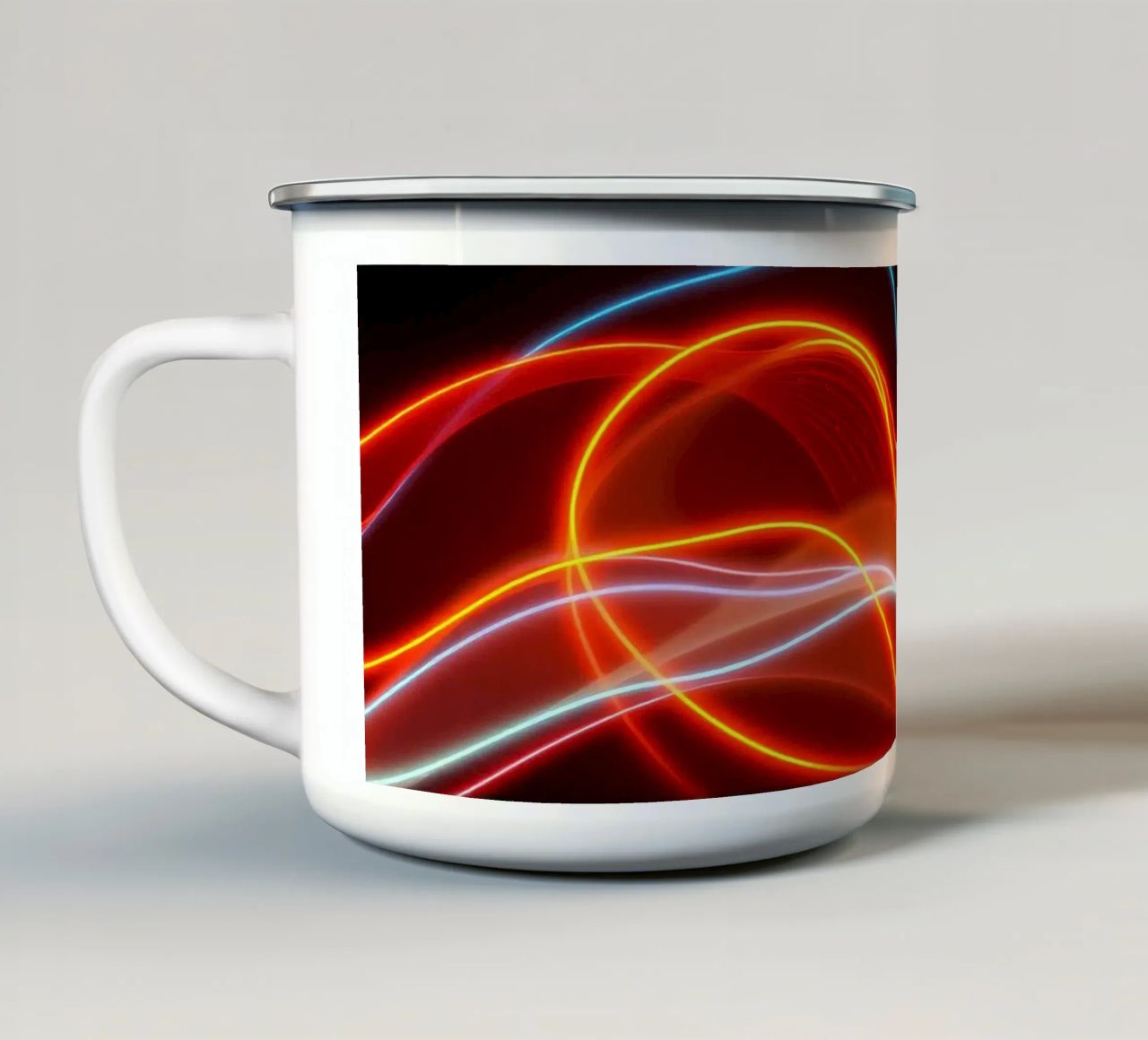 background with flowing light patterns creating a dynamic enamel mug by DesignDoodle