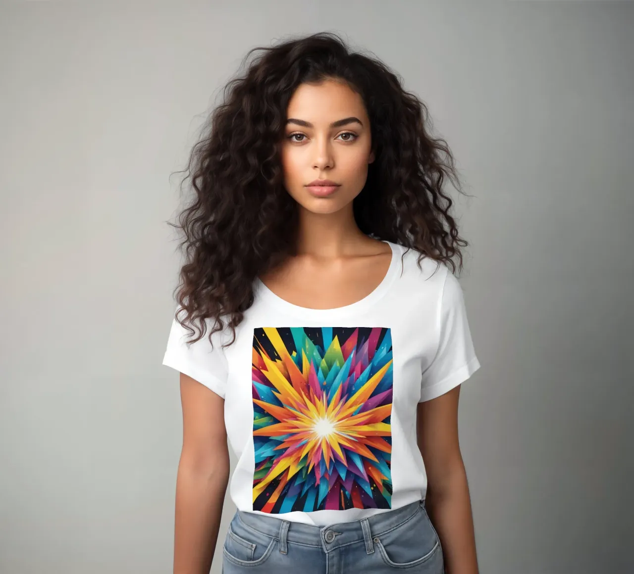 explosion of colors creating an abstract design for creative women's fitted t-shirt by DesignDoodle