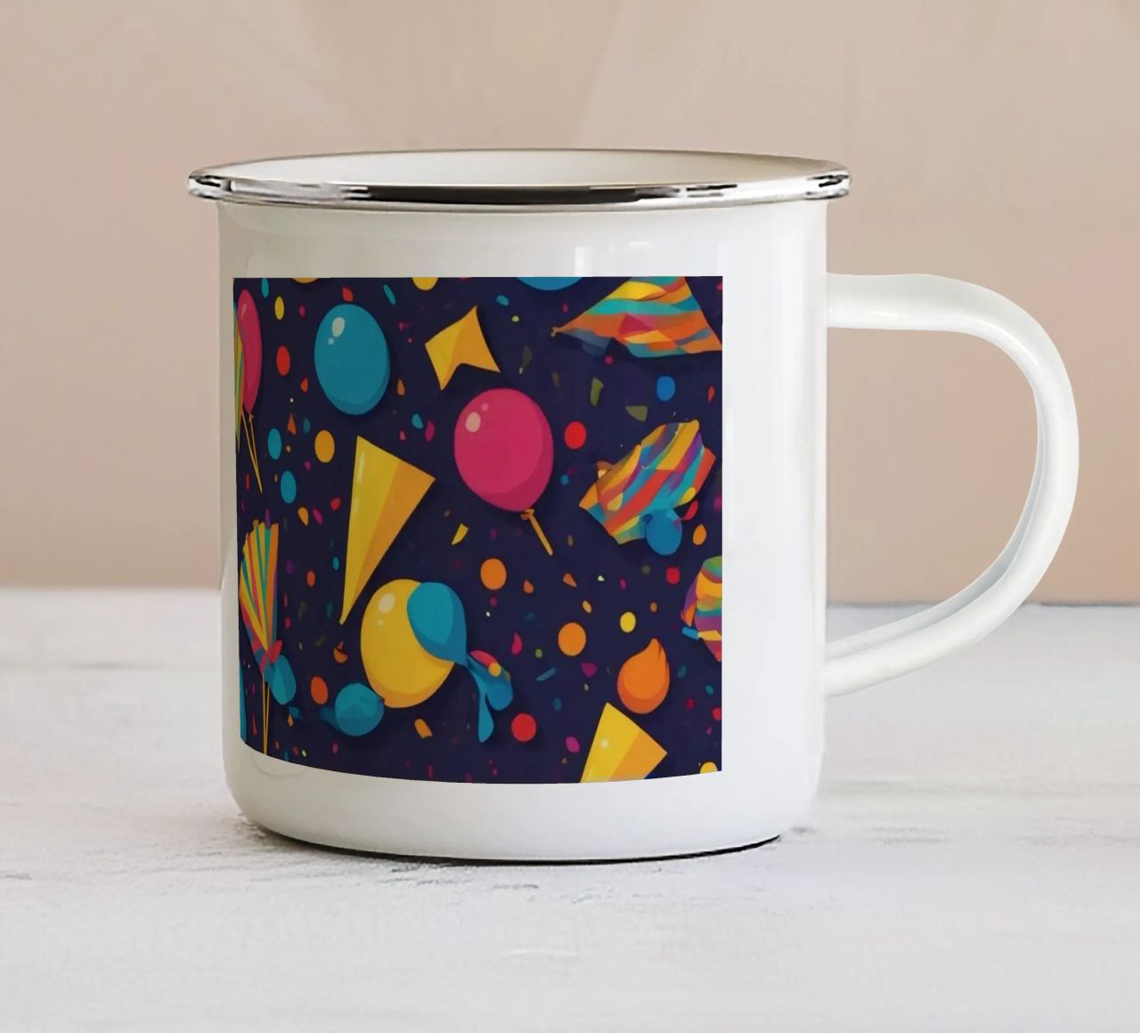 Buntes abstraktes Design mit Luftballons, Konfetti Emaille Tasse von DesignDoodle