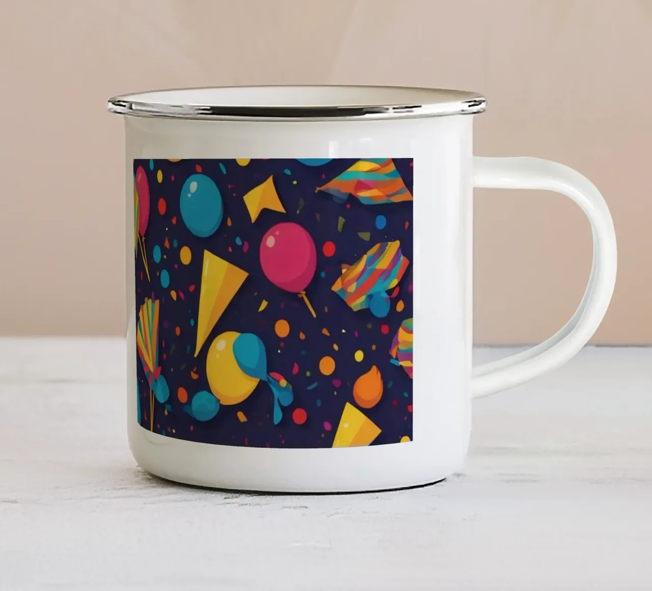 Kleurrijk abstract ontwerp met ballonnen, confetti emaille mok van DesignDoodle