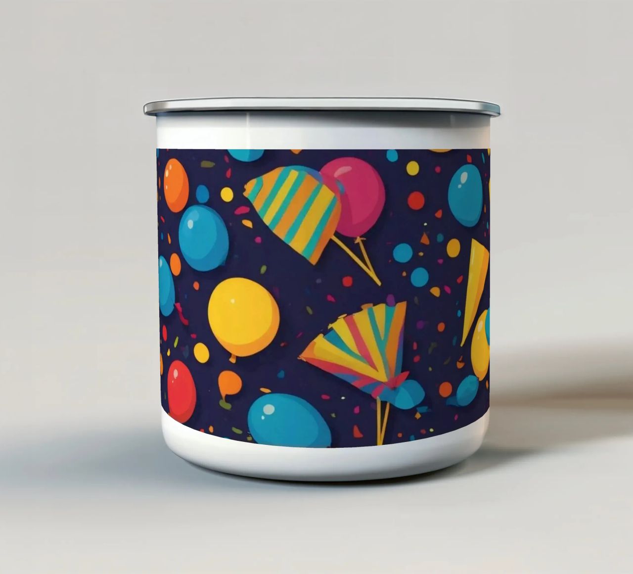 Buntes abstraktes Design mit Luftballons, Konfetti Emaille Tasse von DesignDoodle