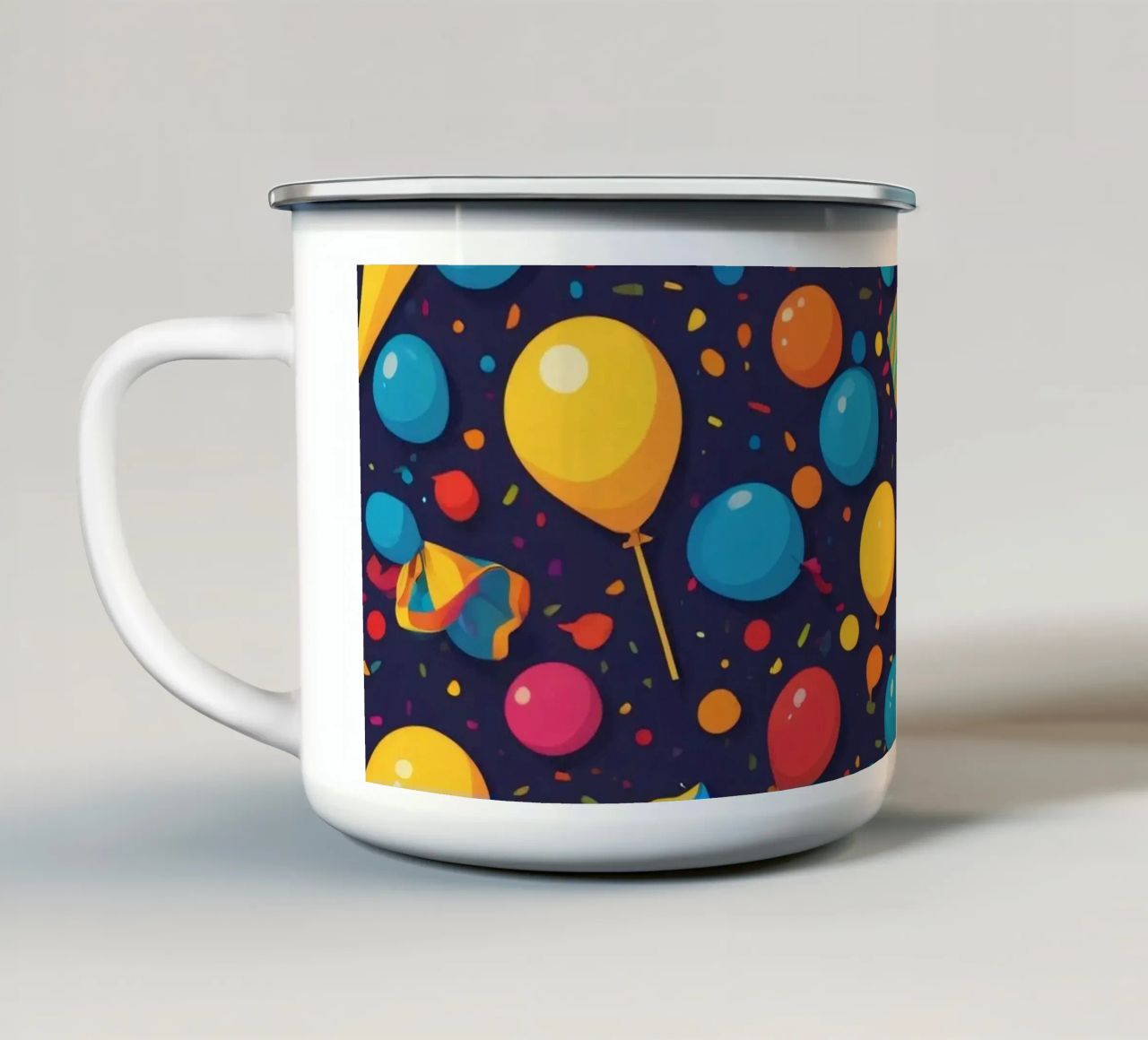 Buntes abstraktes Design mit Luftballons, Konfetti Emaille Tasse von DesignDoodle