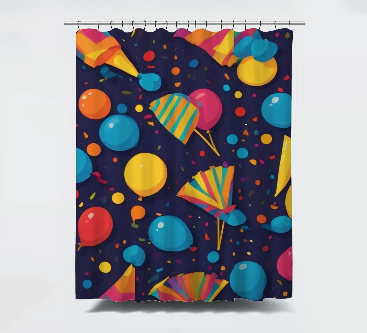 Buntes abstraktes Design mit Luftballons, Konfetti Duschvorhang von DesignDoodle