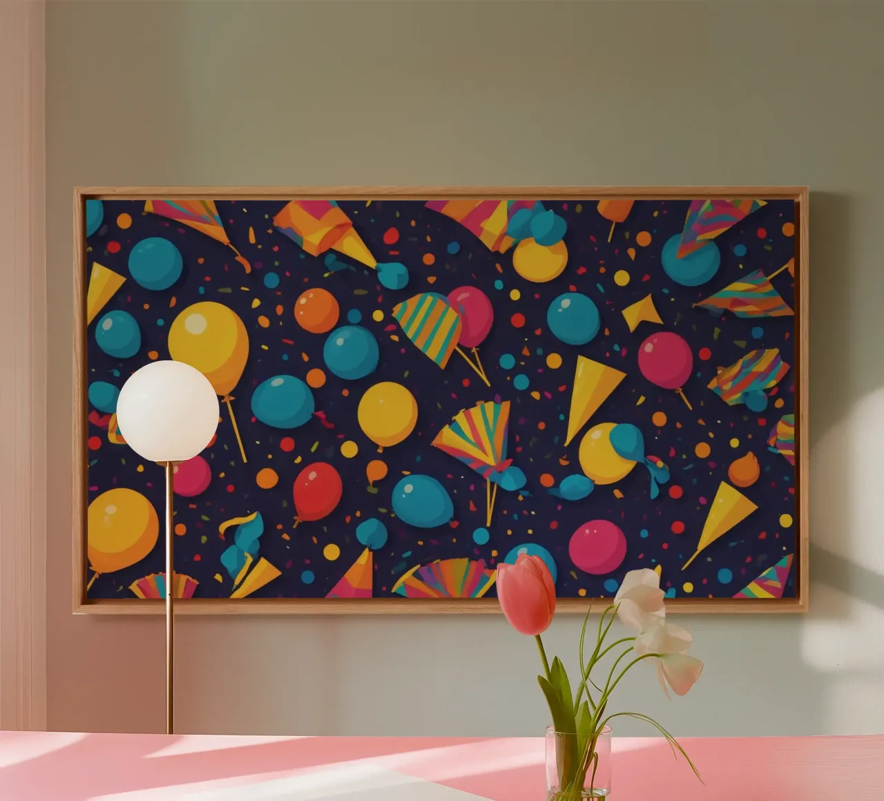 Disegno astratto e colorato con palloncini e coriandoli tela da DesignDoodle