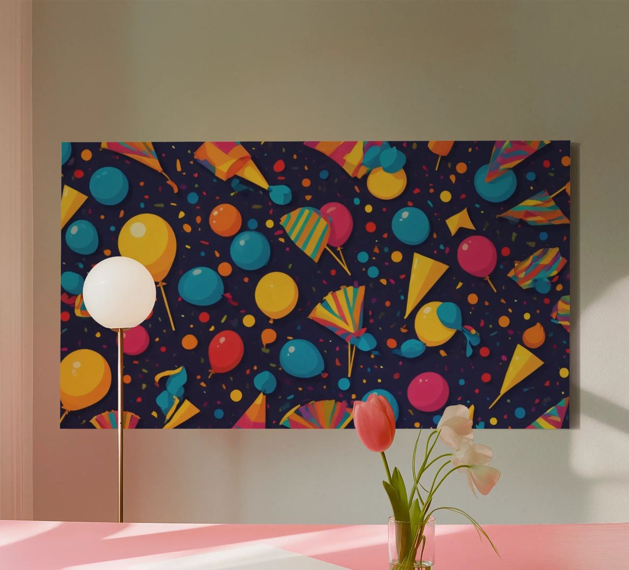Buntes abstraktes Design mit Luftballons, Konfetti Leinwand von DesignDoodle