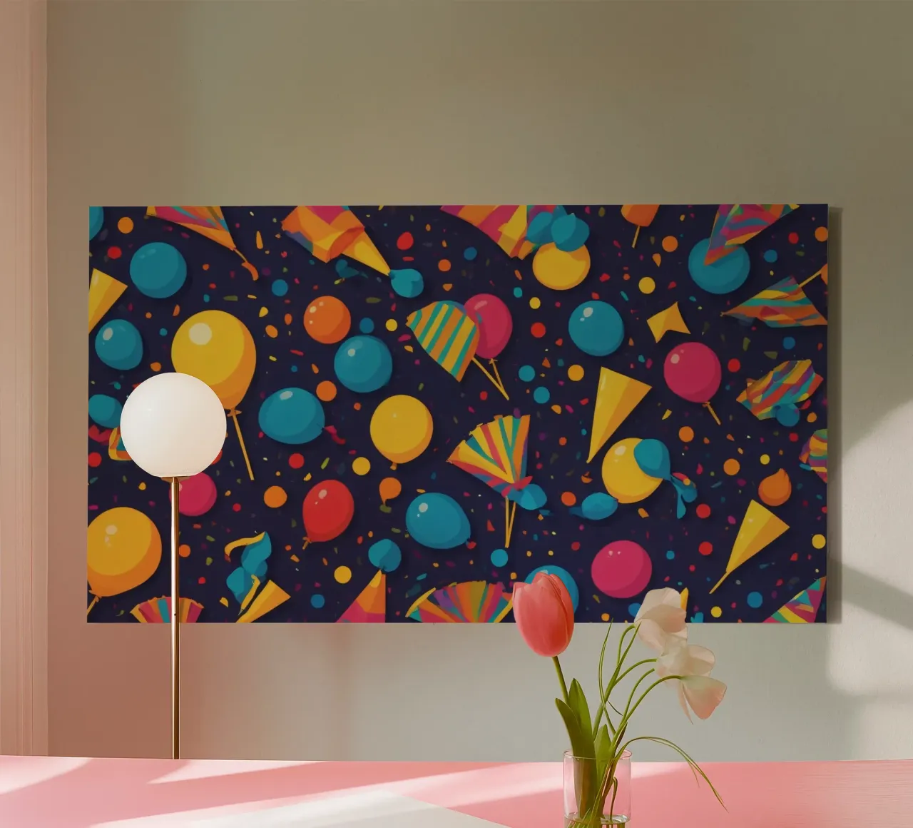 Disegno astratto e colorato con palloncini e coriandoli tela da DesignDoodle