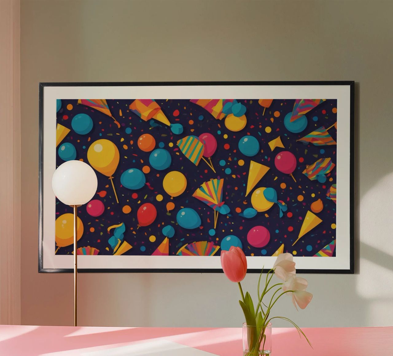 Colorful abstract design featuring balloons, confetti poster by DesignDoodle