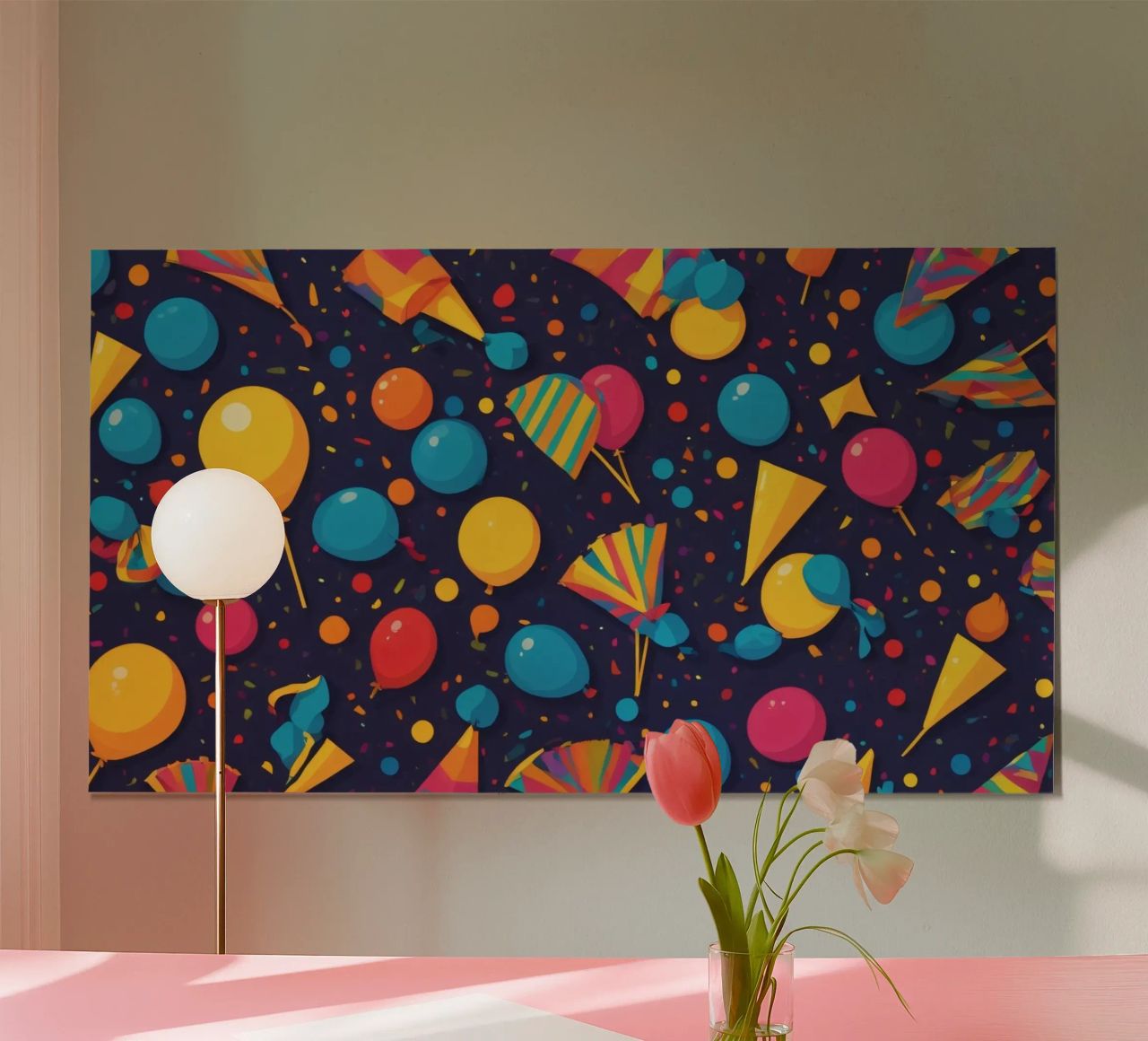 Colorful abstract design featuring balloons, confetti poster by DesignDoodle