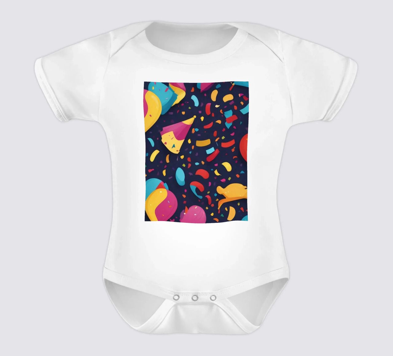 Colorful abstract design featuring balloons and confetti short-sleeve baby romper by DesignDoodle