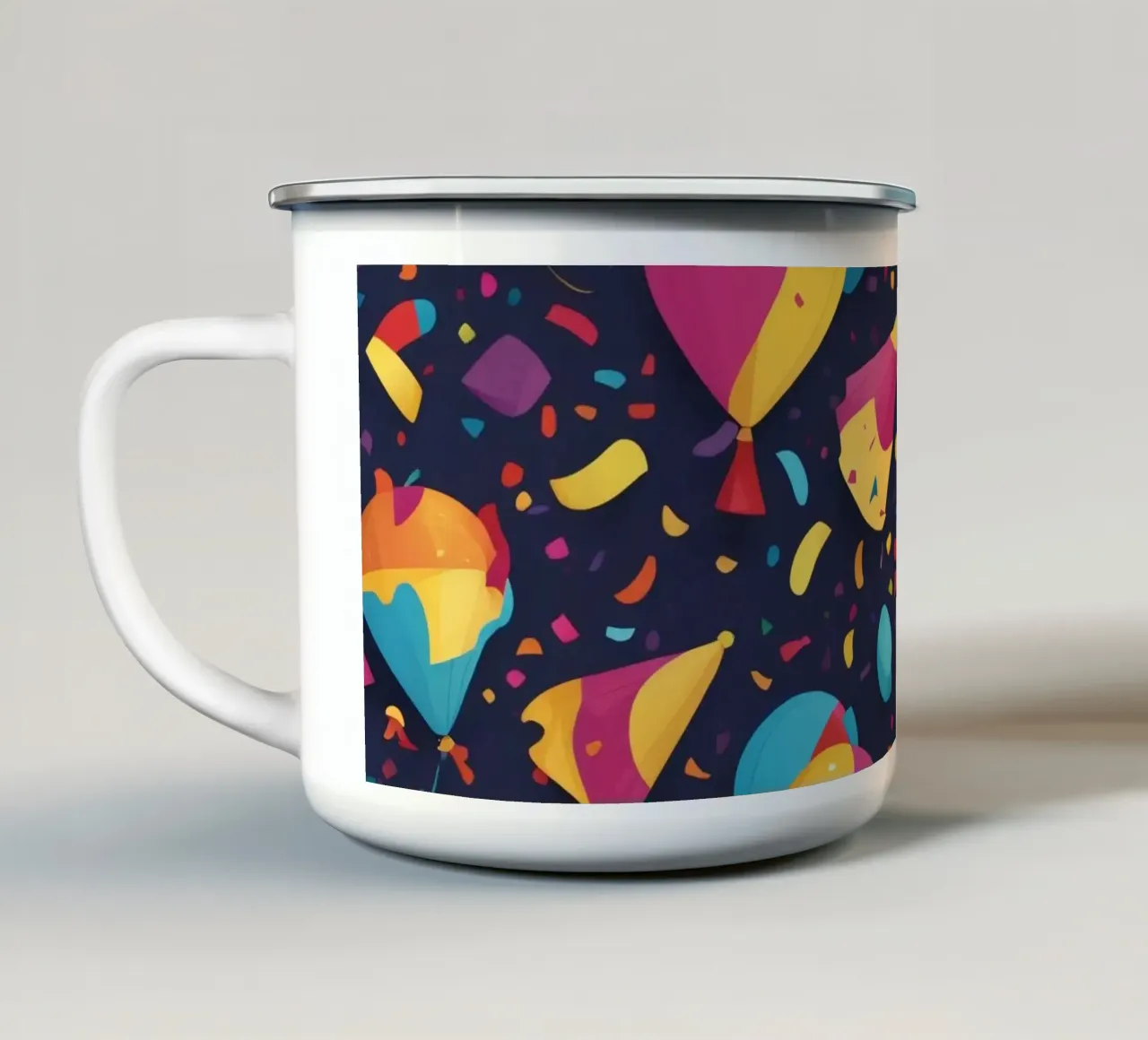 Kleurrijk abstract ontwerp met ballonnen en confetti emaille mok van DesignDoodle