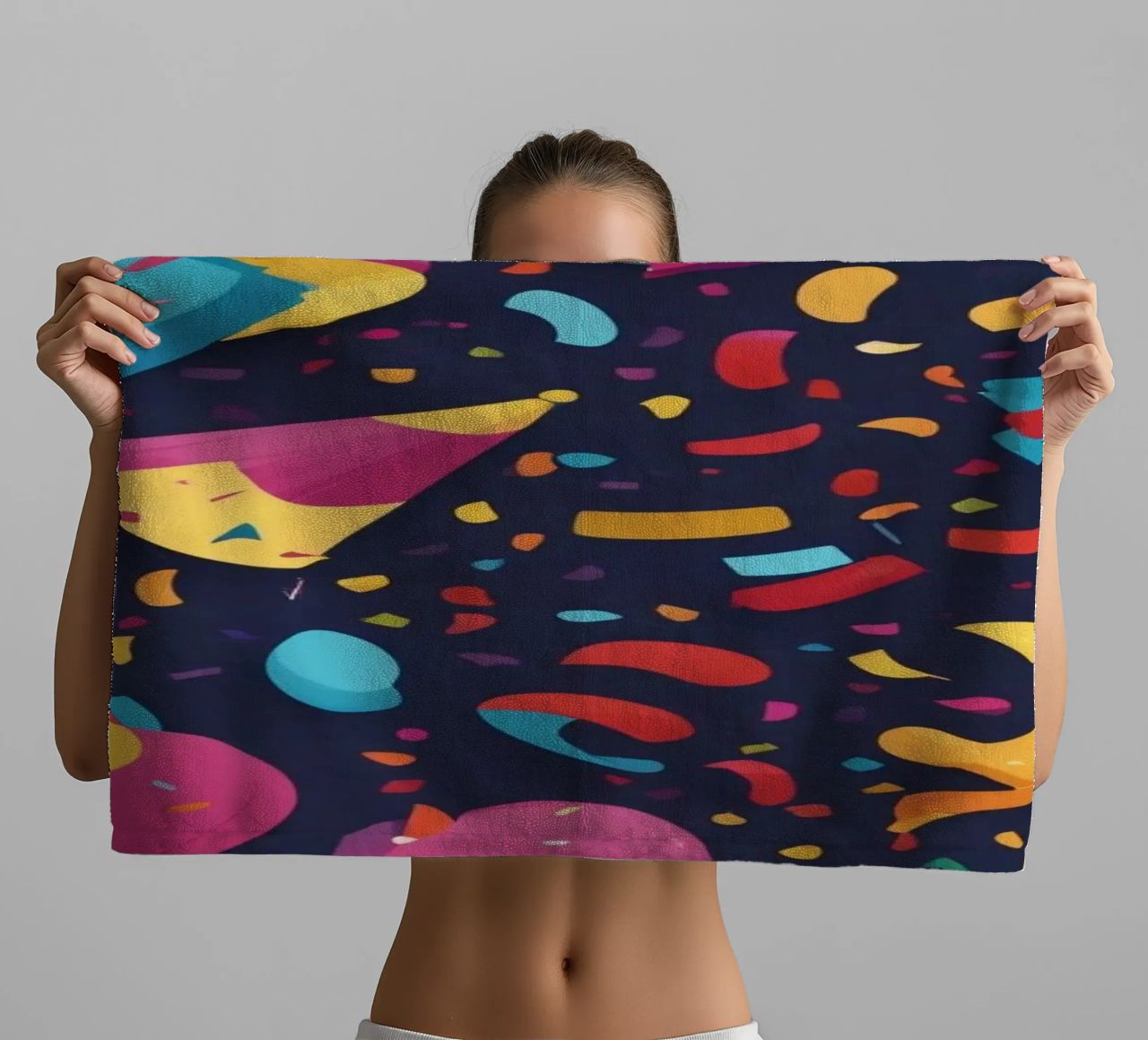 Colorful abstract design featuring balloons and confetti towel by DesignDoodle