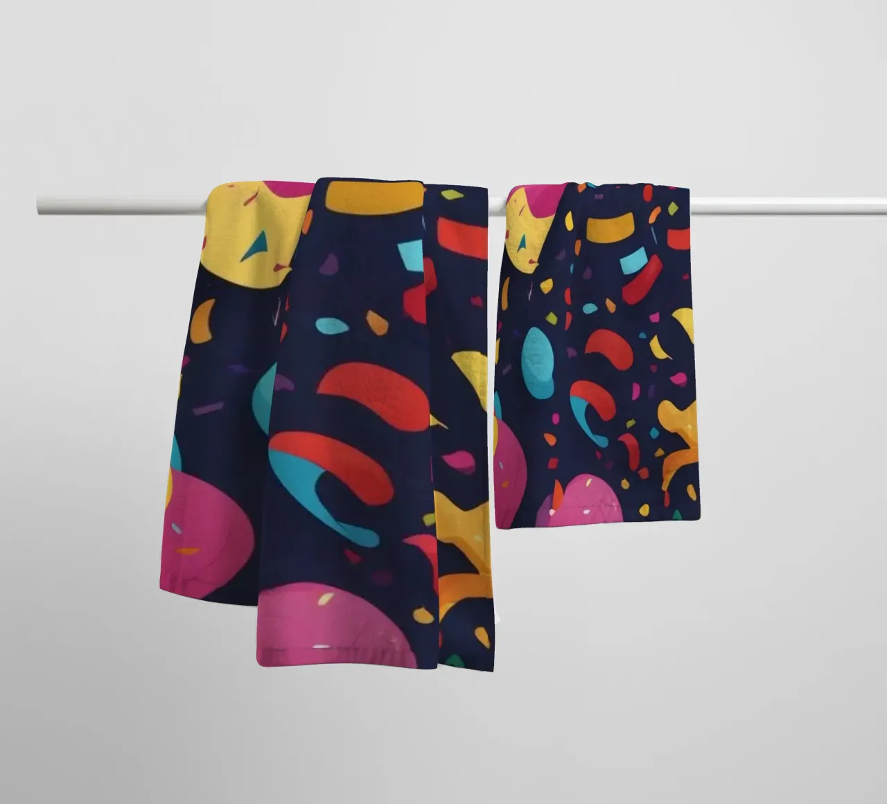 Colorful abstract design featuring balloons and confetti towel by DesignDoodle
