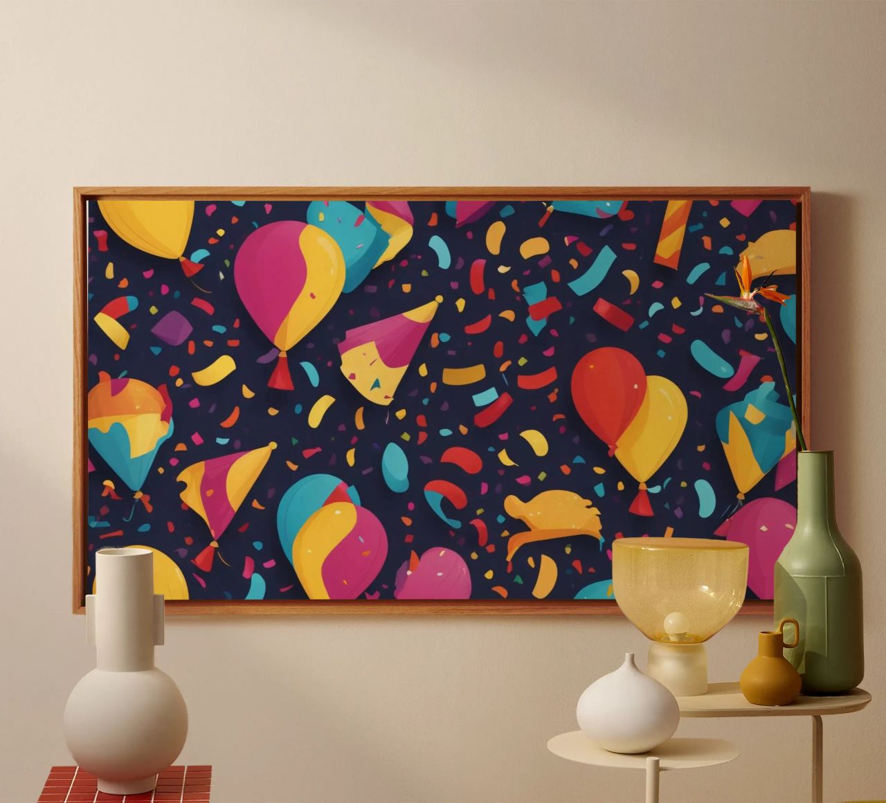 Colorful abstract design featuring balloons and confetti canvas by DesignDoodle