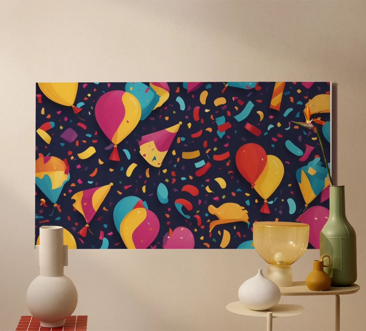 Colorful abstract design featuring balloons and confetti canvas by DesignDoodle