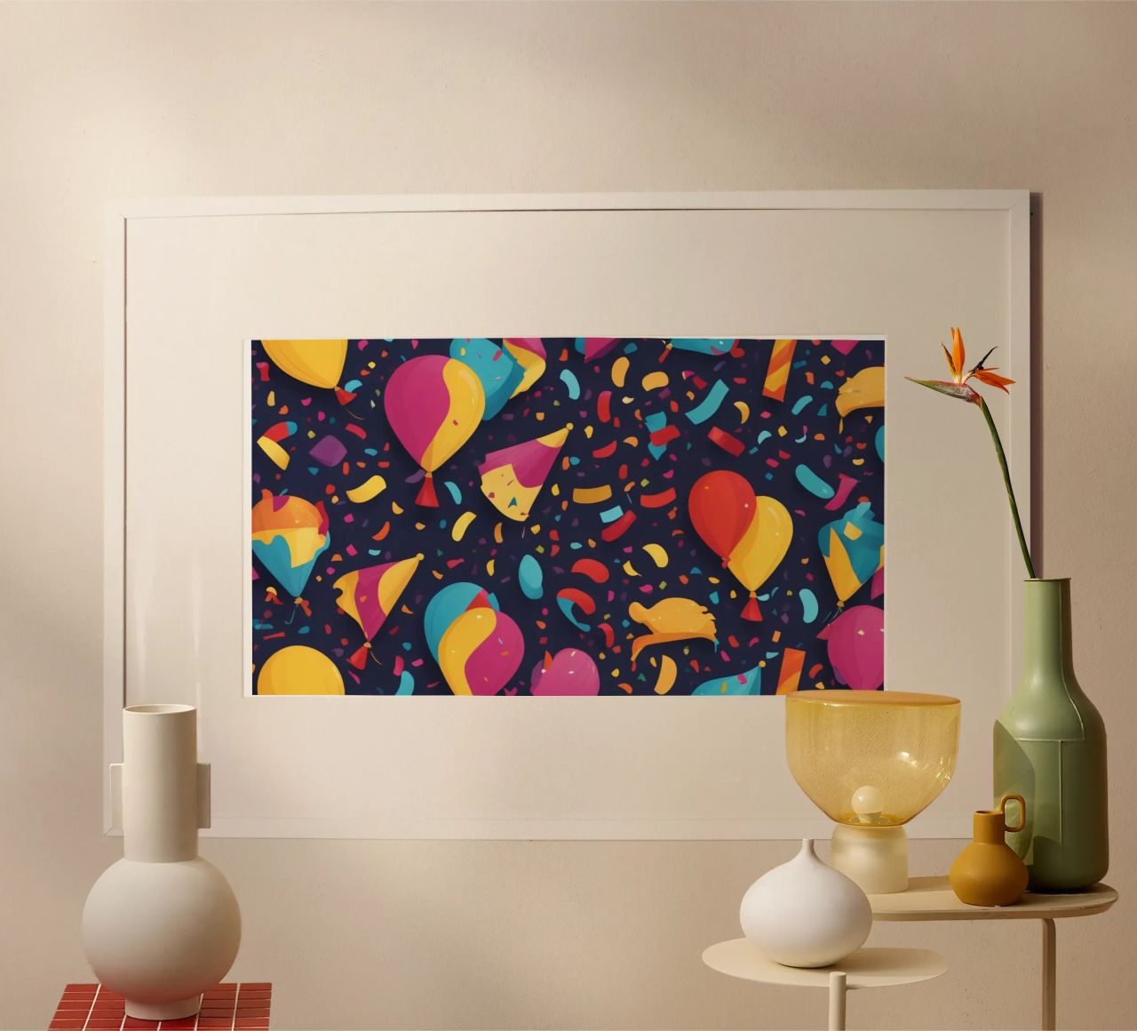 Colorful abstract design featuring balloons and confetti poster by DesignDoodle